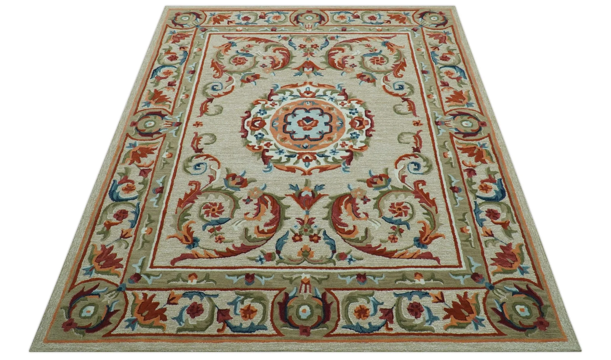 Custom Made Traditional Aubusson Design Beige And Brown Hand Tufted Wool Area Rug - Image 11