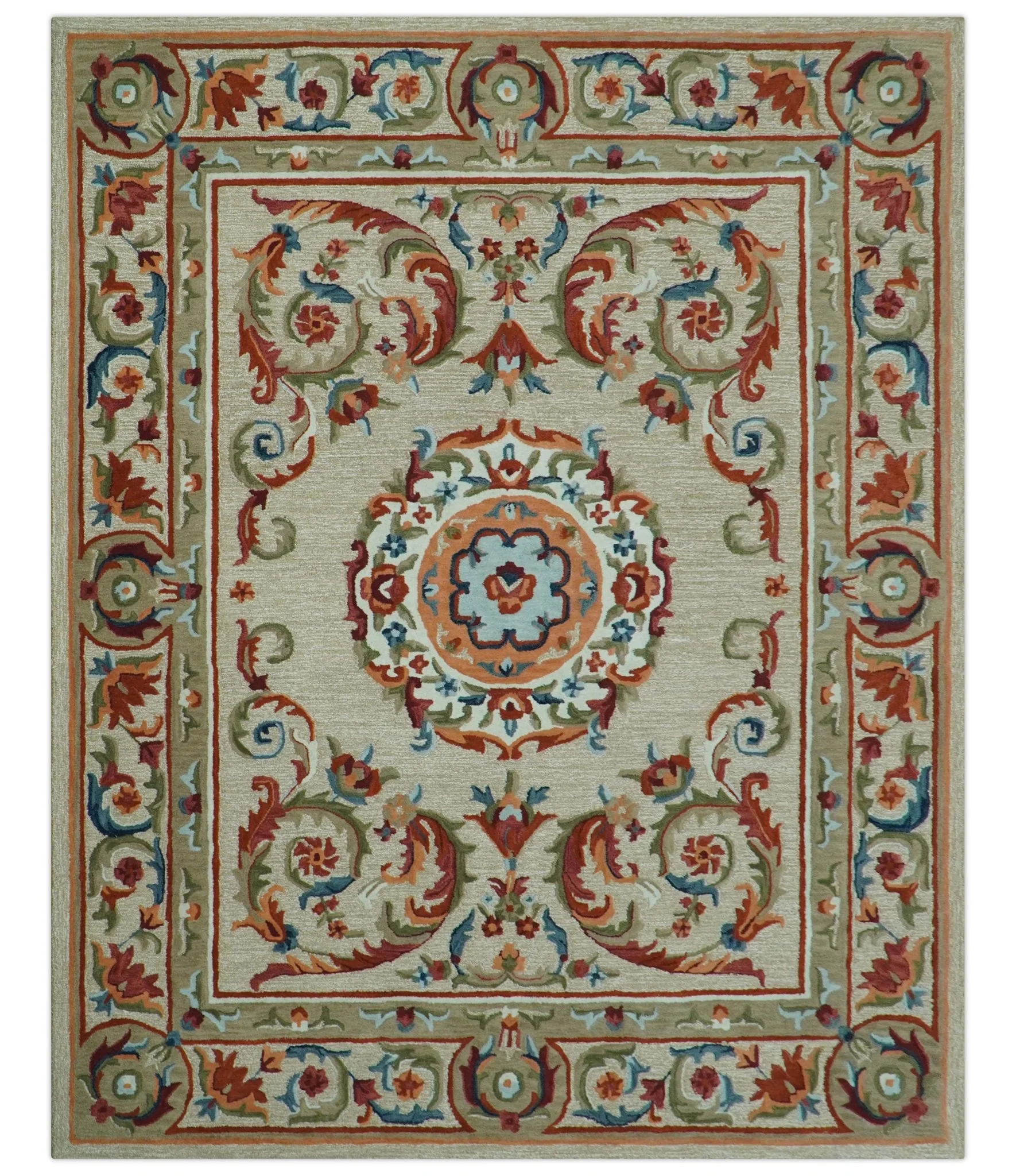 Custom Made Traditional Aubusson Design Beige And Brown Hand Tufted Wool Area Rug - Image 12