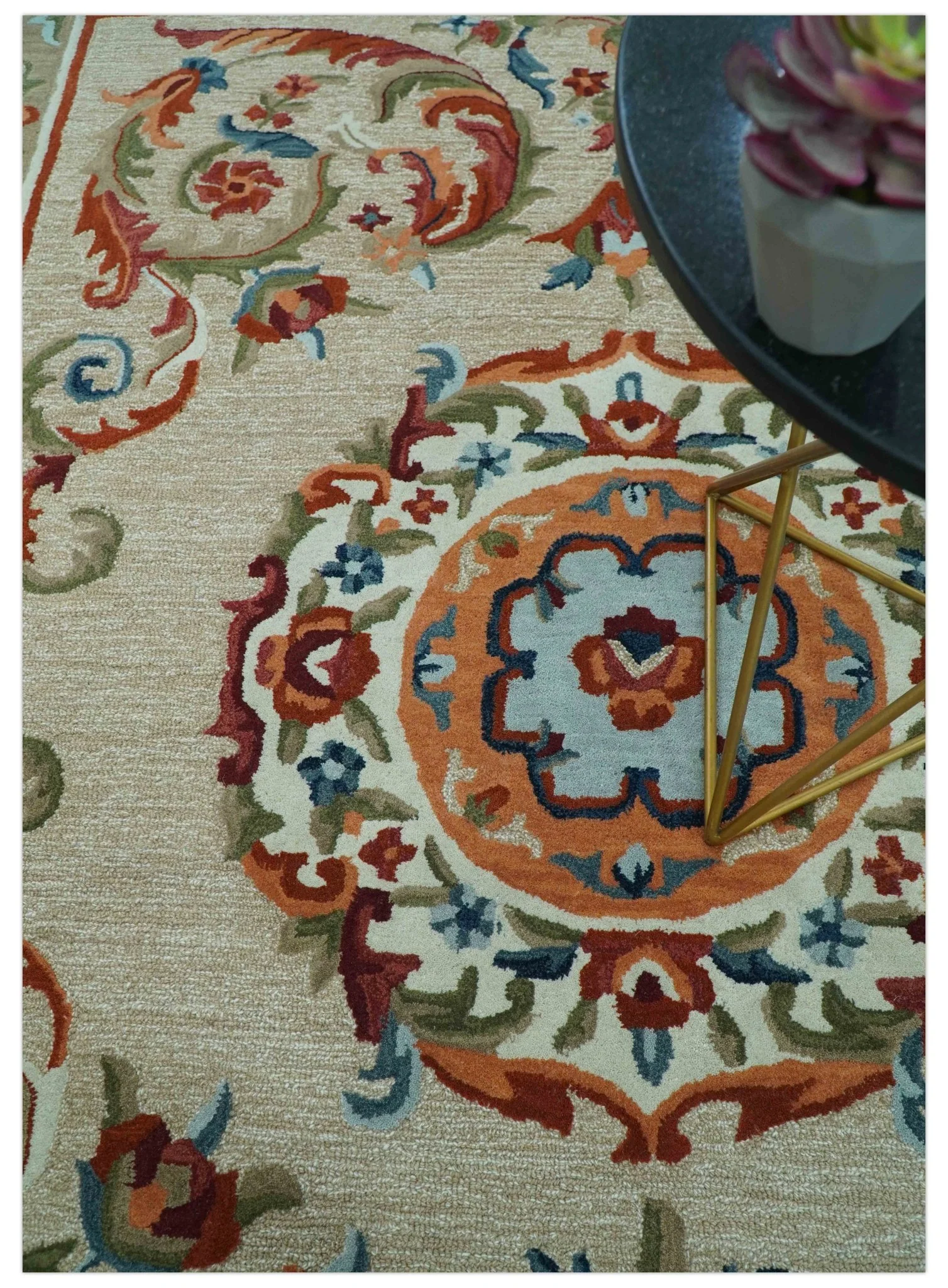 Custom Made Traditional Aubusson Design Beige And Brown Hand Tufted Wool Area Rug - Image 3
