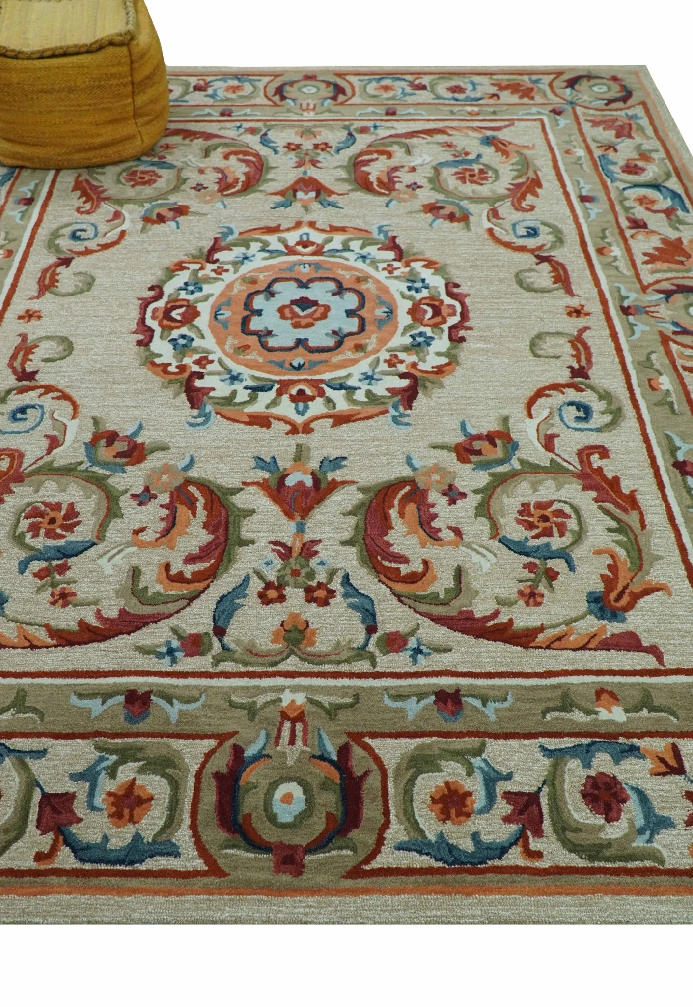Custom Made Traditional Aubusson Design Beige And Brown Hand Tufted Wool Area Rug - Image 9