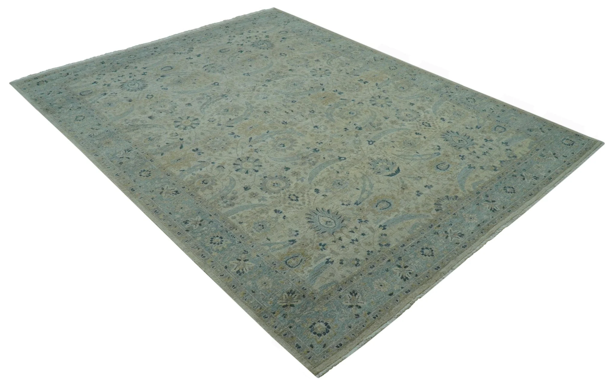 Custom Made Traditional Distressed Blue And Beige Hand Knotted wool area rug - Image 10
