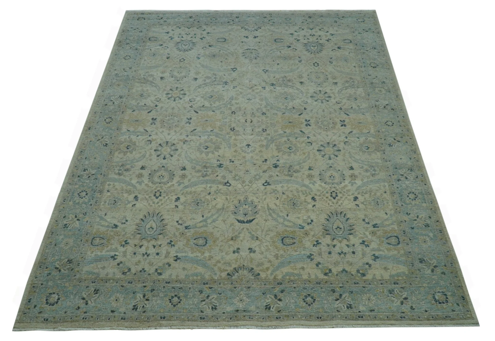 Custom Made Traditional Distressed Blue And Beige Hand Knotted wool area rug - Image 11