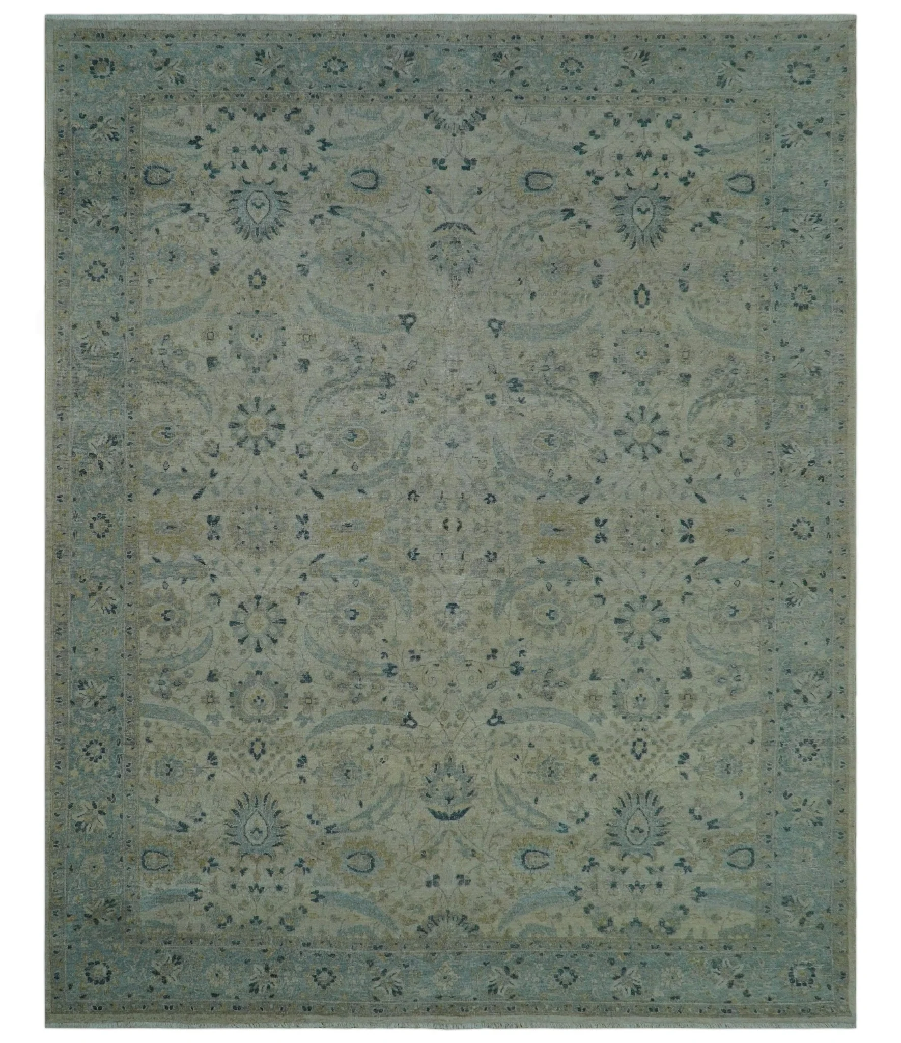 Custom Made Traditional Distressed Blue And Beige Hand Knotted wool area rug - Image 12