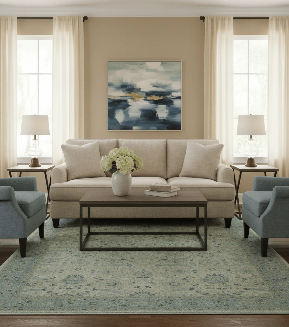 Custom Made Traditional Distressed Blue And Beige Hand Knotted wool area rug - Image 2