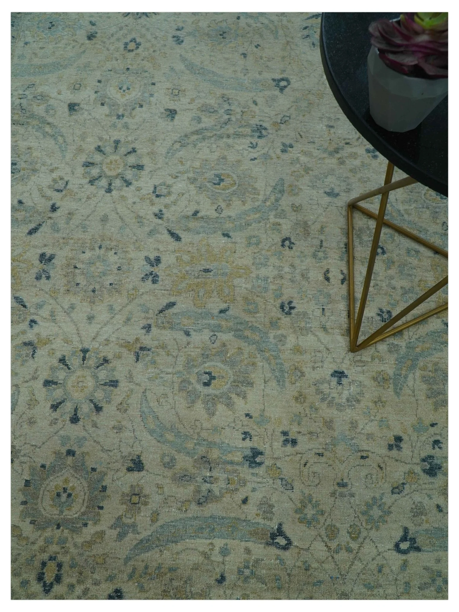 Custom Made Traditional Distressed Blue And Beige Hand Knotted wool area rug - Image 3
