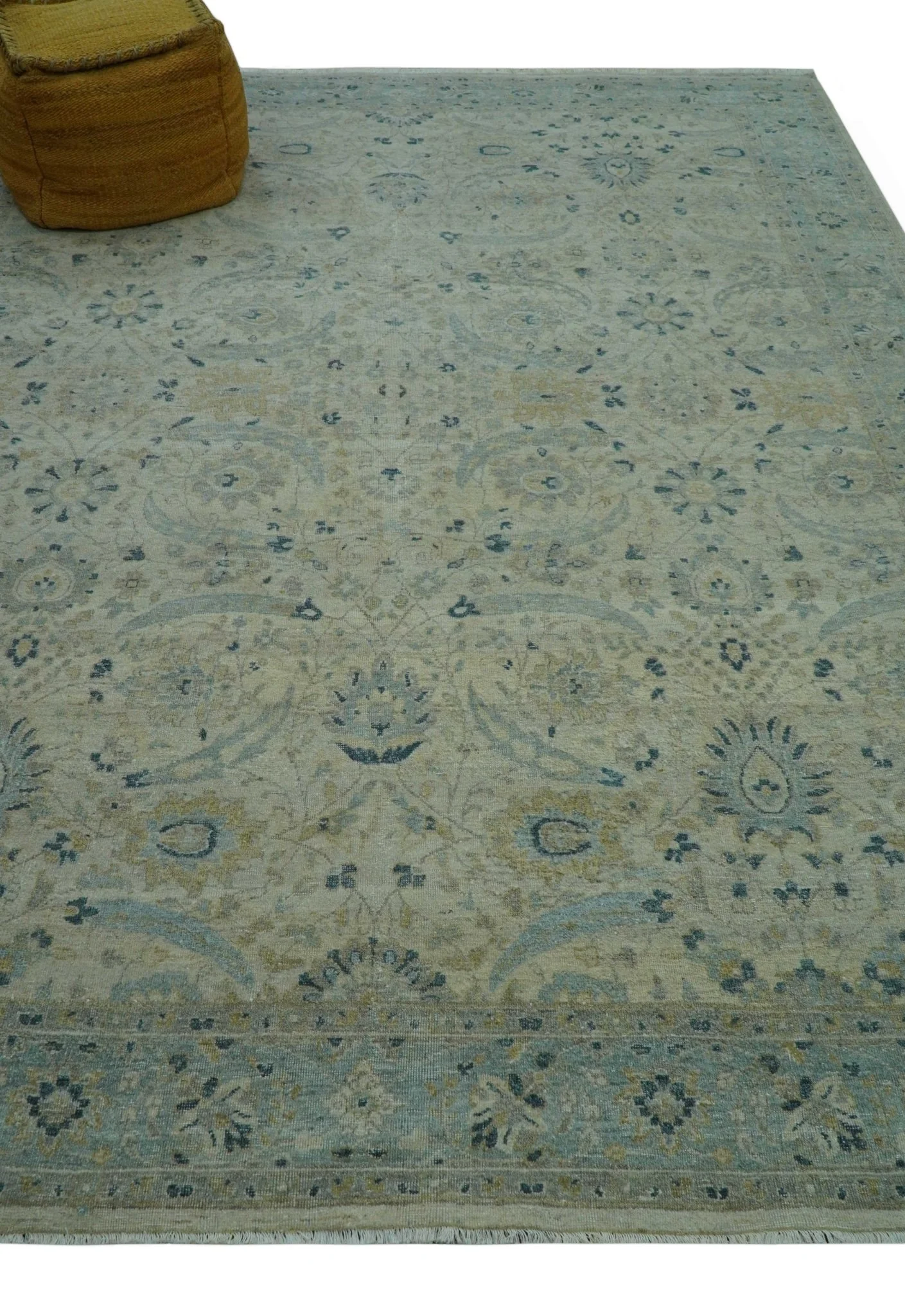 Custom Made Traditional Distressed Blue And Beige Hand Knotted wool area rug - Image 4