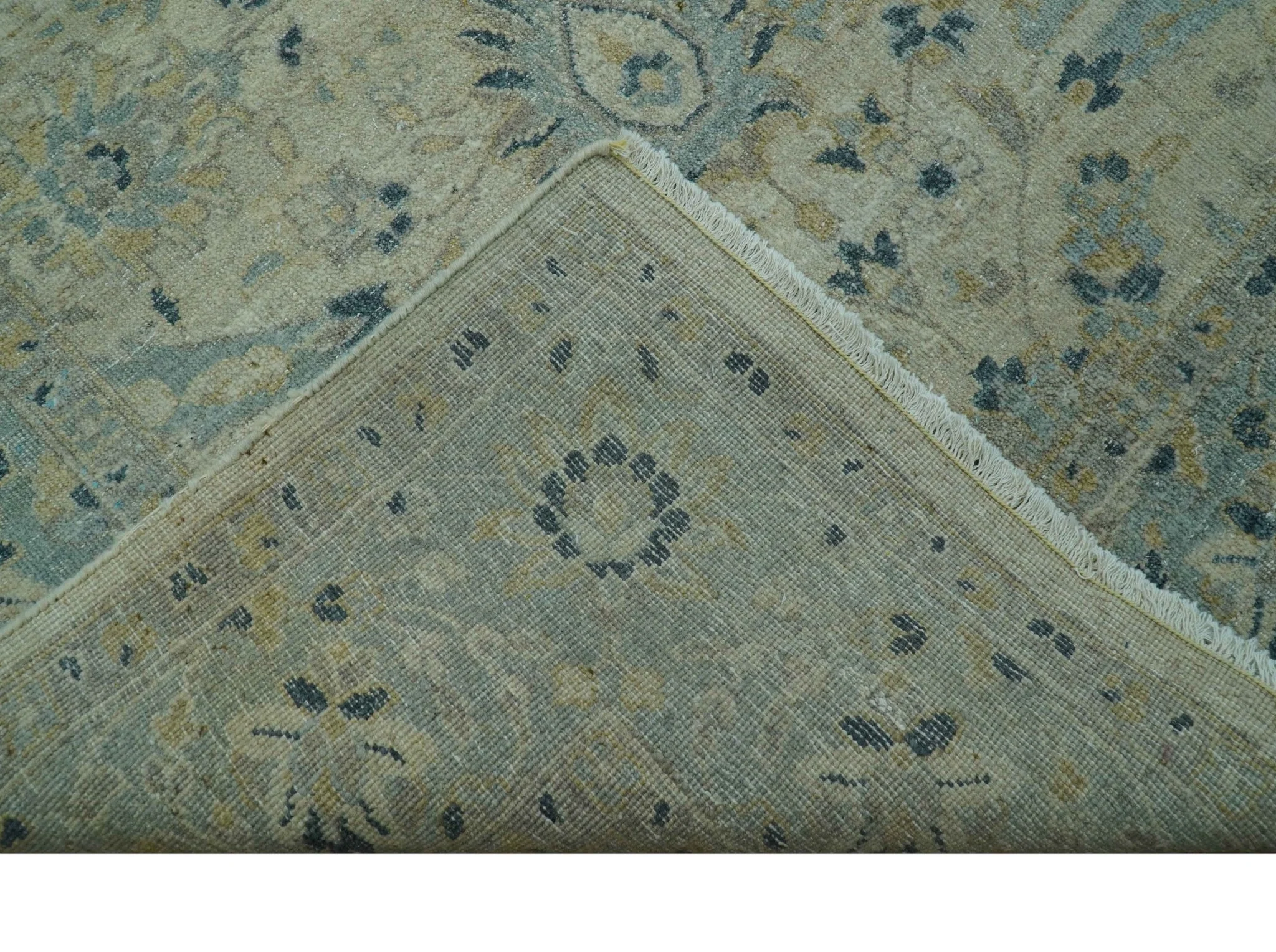 Custom Made Traditional Distressed Blue And Beige Hand Knotted wool area rug - Image 7