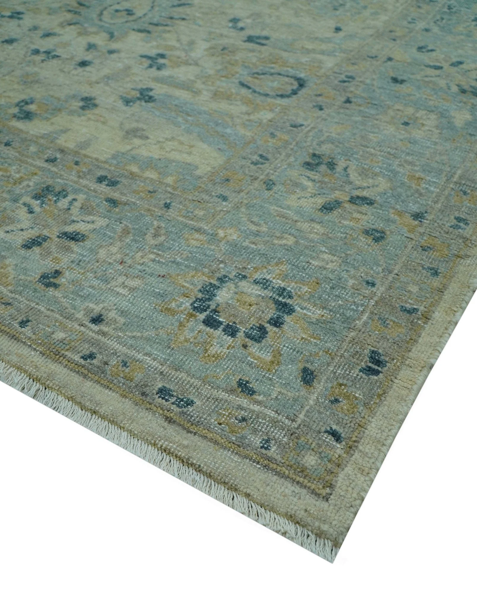 Custom Made Traditional Distressed Blue And Beige Hand Knotted wool area rug - Image 9