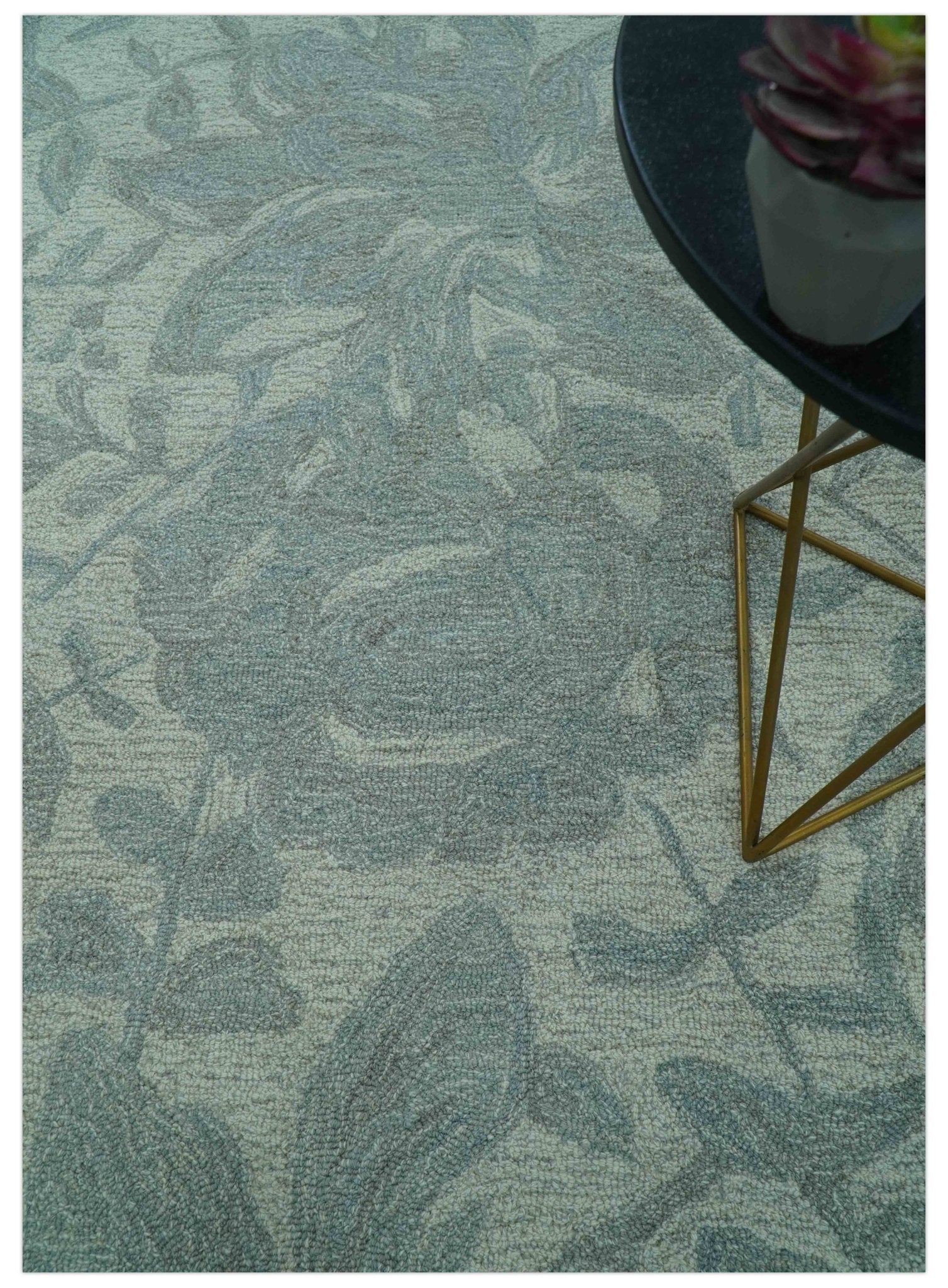 Custom Made Traditional Floral Design Silver And Blue Hand Tufted Wool Area Rug - Image 8