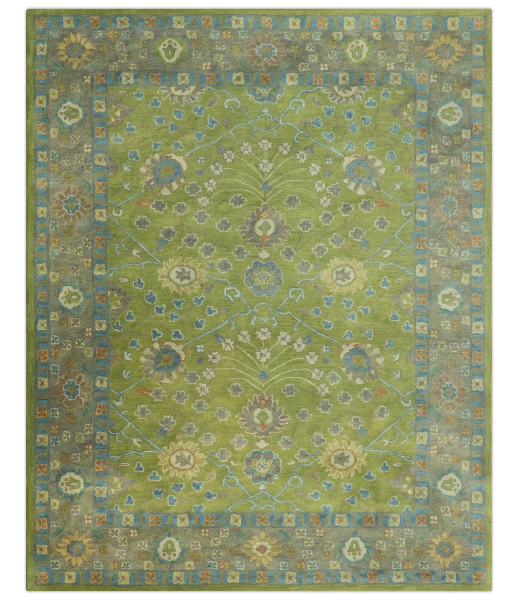 Custom Made Traditional Floral Design Green And Blue Hand Tufted wool Area Rug - Image 10