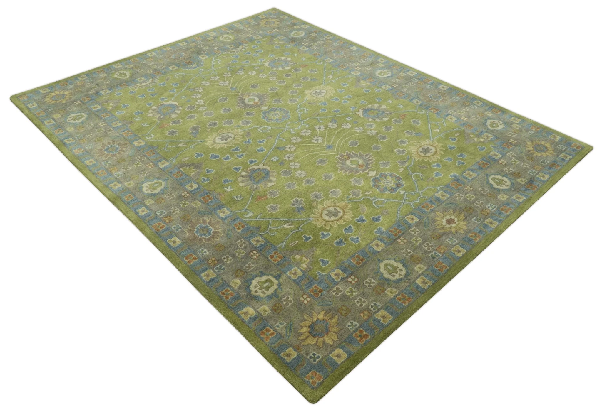 Custom Made Traditional Floral Design Green And Blue Hand Tufted wool Area Rug - Image 11