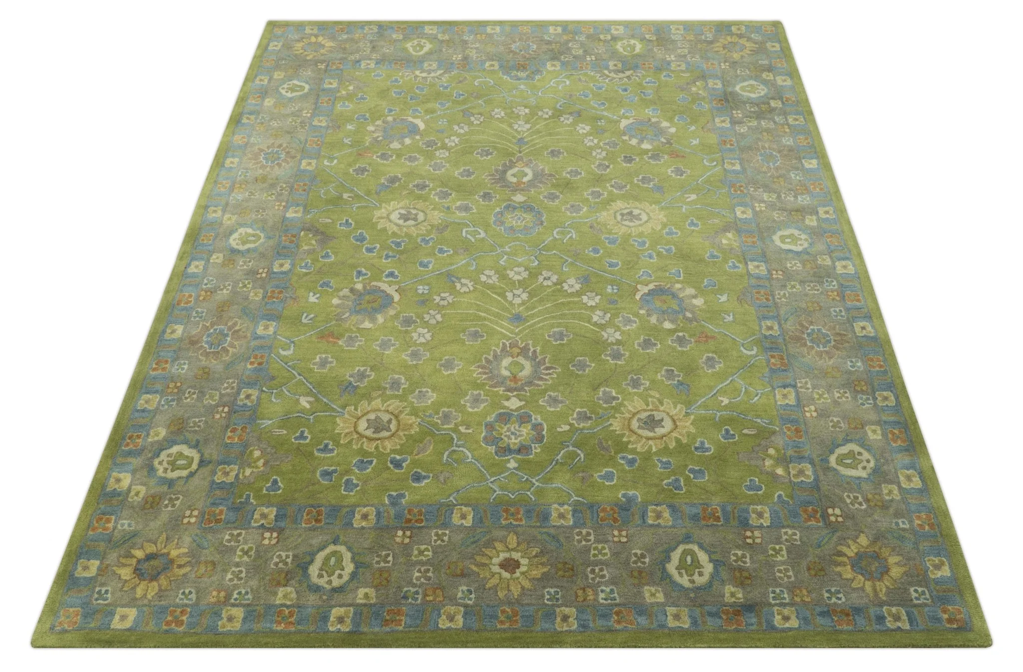 Custom Made Traditional Floral Design Green And Blue Hand Tufted wool Area Rug - Image 12