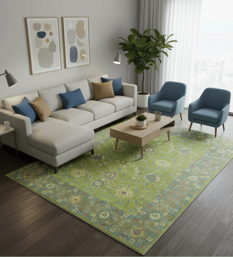 Custom Made Traditional Floral Design Green And Blue Hand Tufted wool Area Rug - Image 2