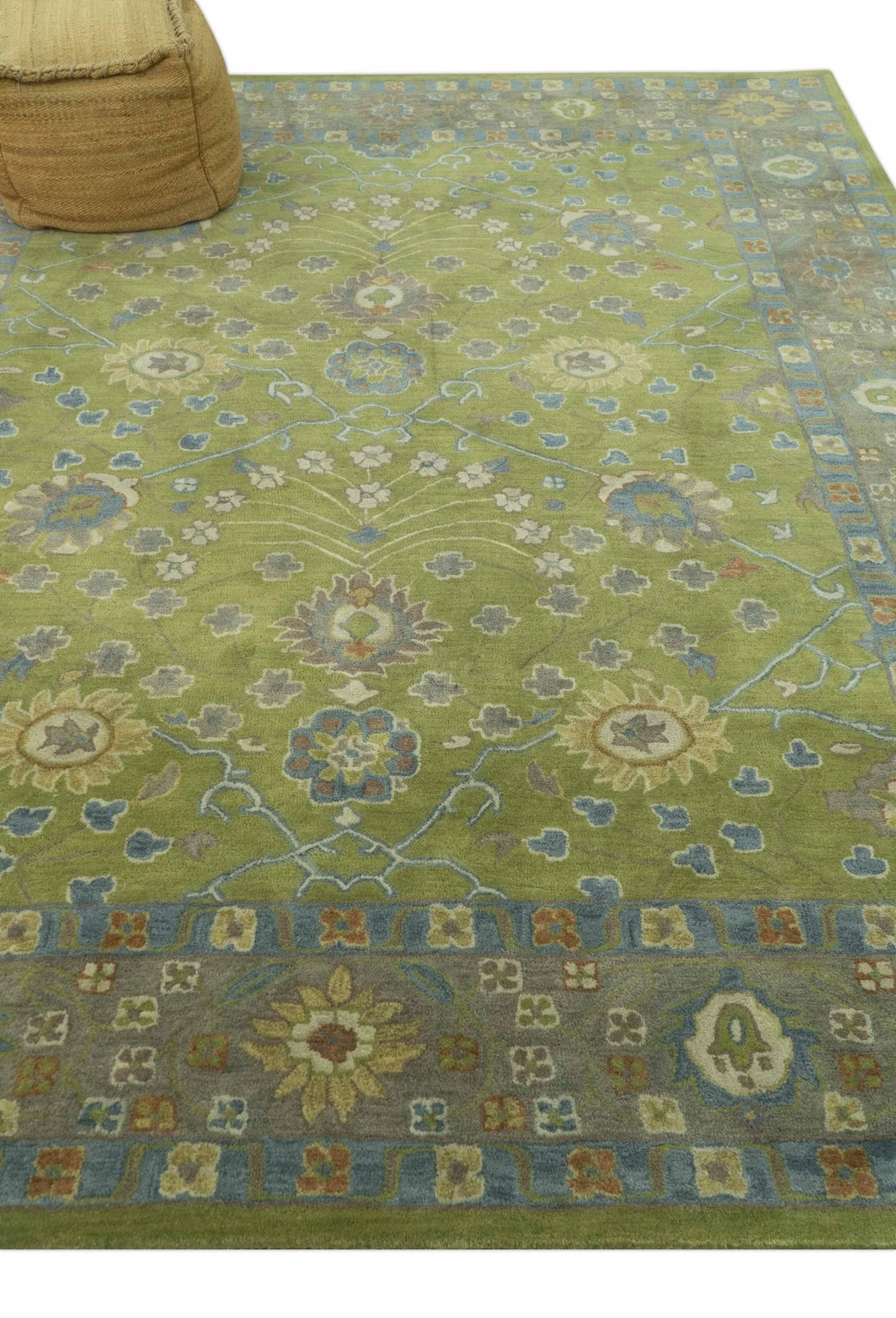Custom Made Traditional Floral Design Green And Blue Hand Tufted wool Area Rug - Image 4