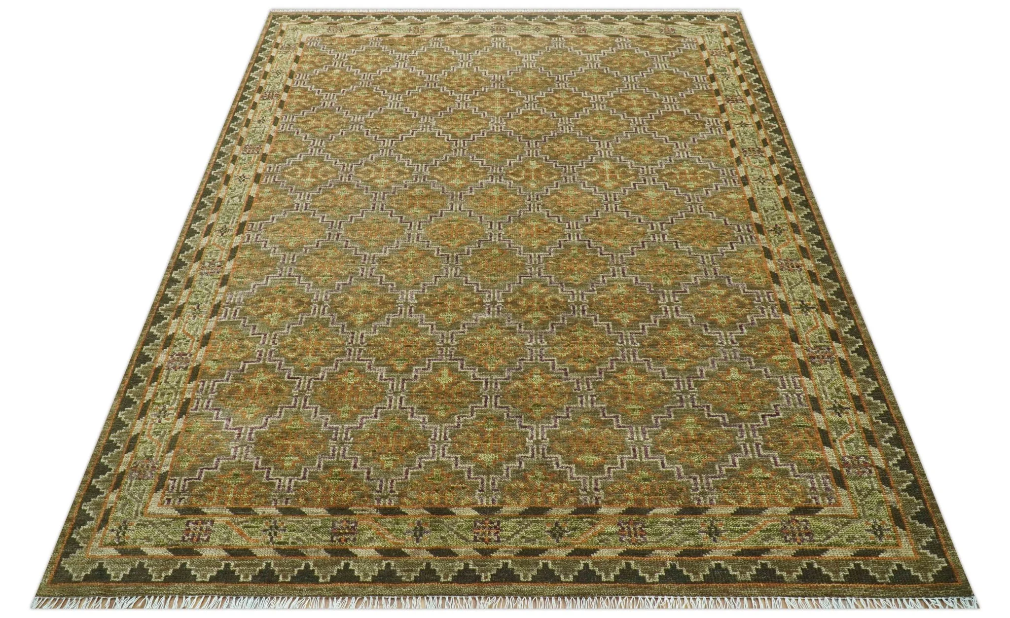Custom Made Traditional Geometrical Motifs Olive and Rust Hand Knotted wool area rug - Image 10
