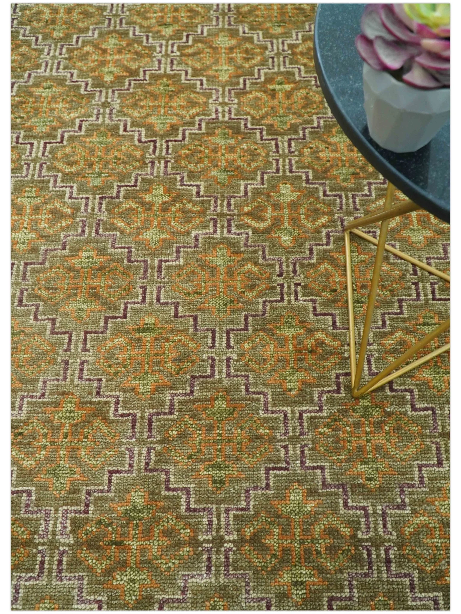 Custom Made Traditional Geometrical Motifs Olive and Rust Hand Knotted wool area rug - Image 2