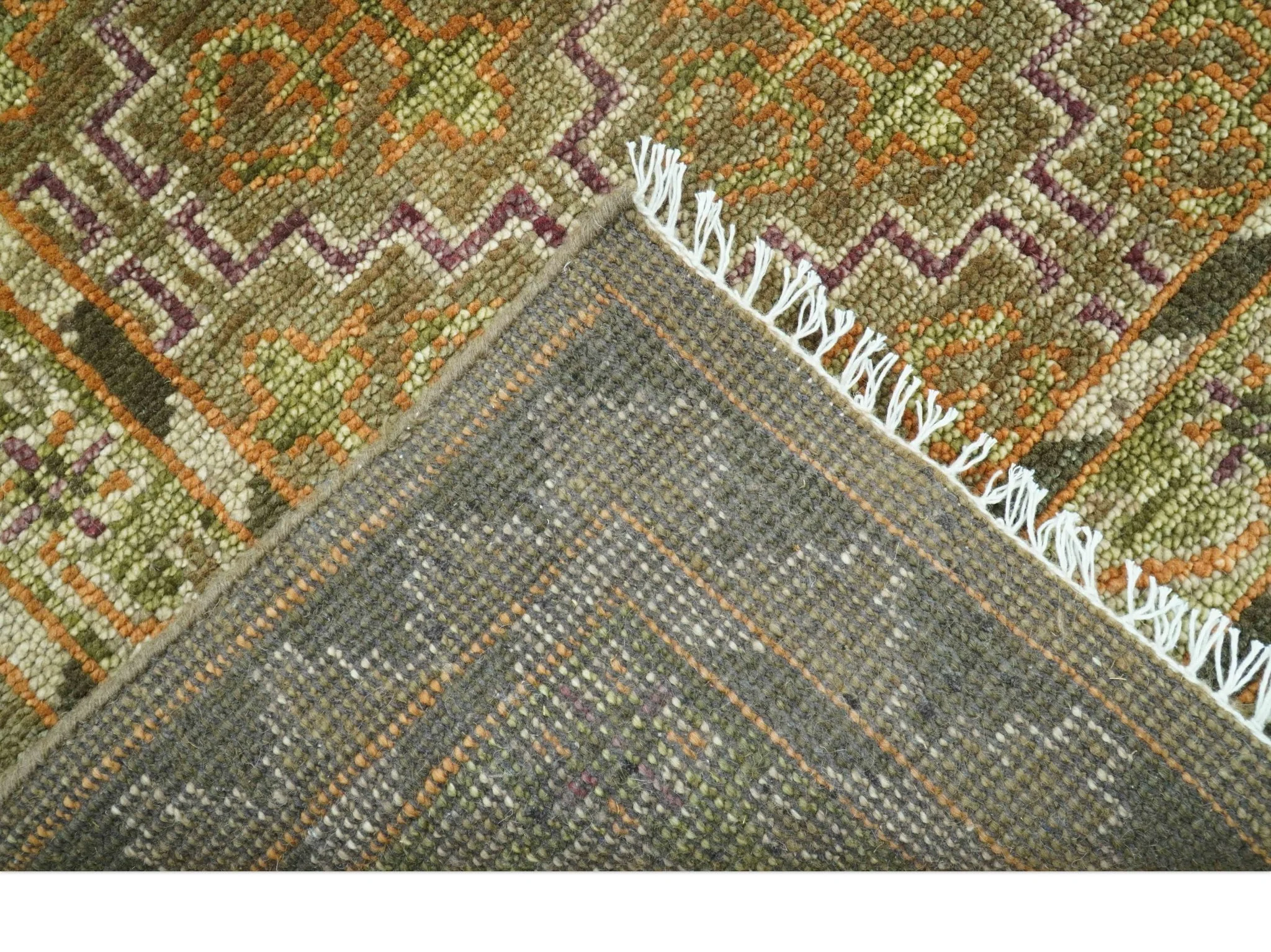 Custom Made Traditional Geometrical Motifs Olive and Rust Hand Knotted wool area rug - Image 3