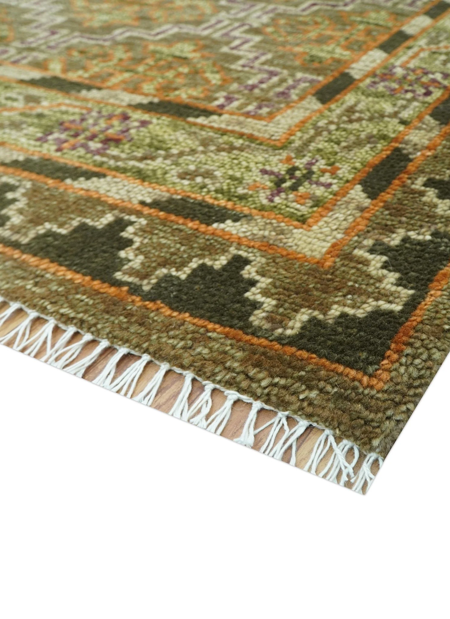 Custom Made Traditional Geometrical Motifs Olive and Rust Hand Knotted wool area rug - Image 4