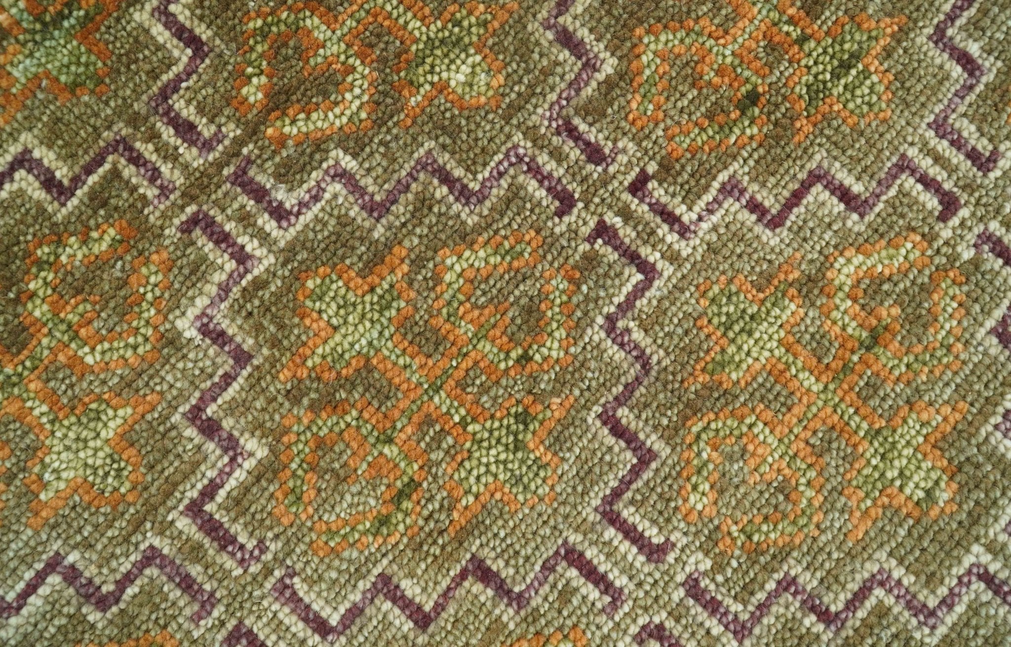 Custom Made Traditional Geometrical Motifs Olive and Rust Hand Knotted wool area rug - Image 6