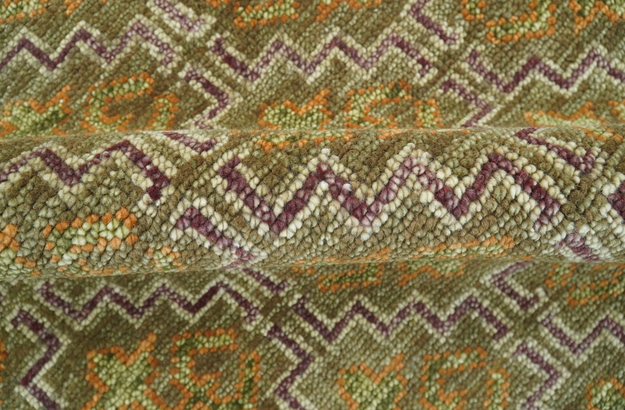 Custom Made Traditional Geometrical Motifs Olive and Rust Hand Knotted wool area rug - Image 7