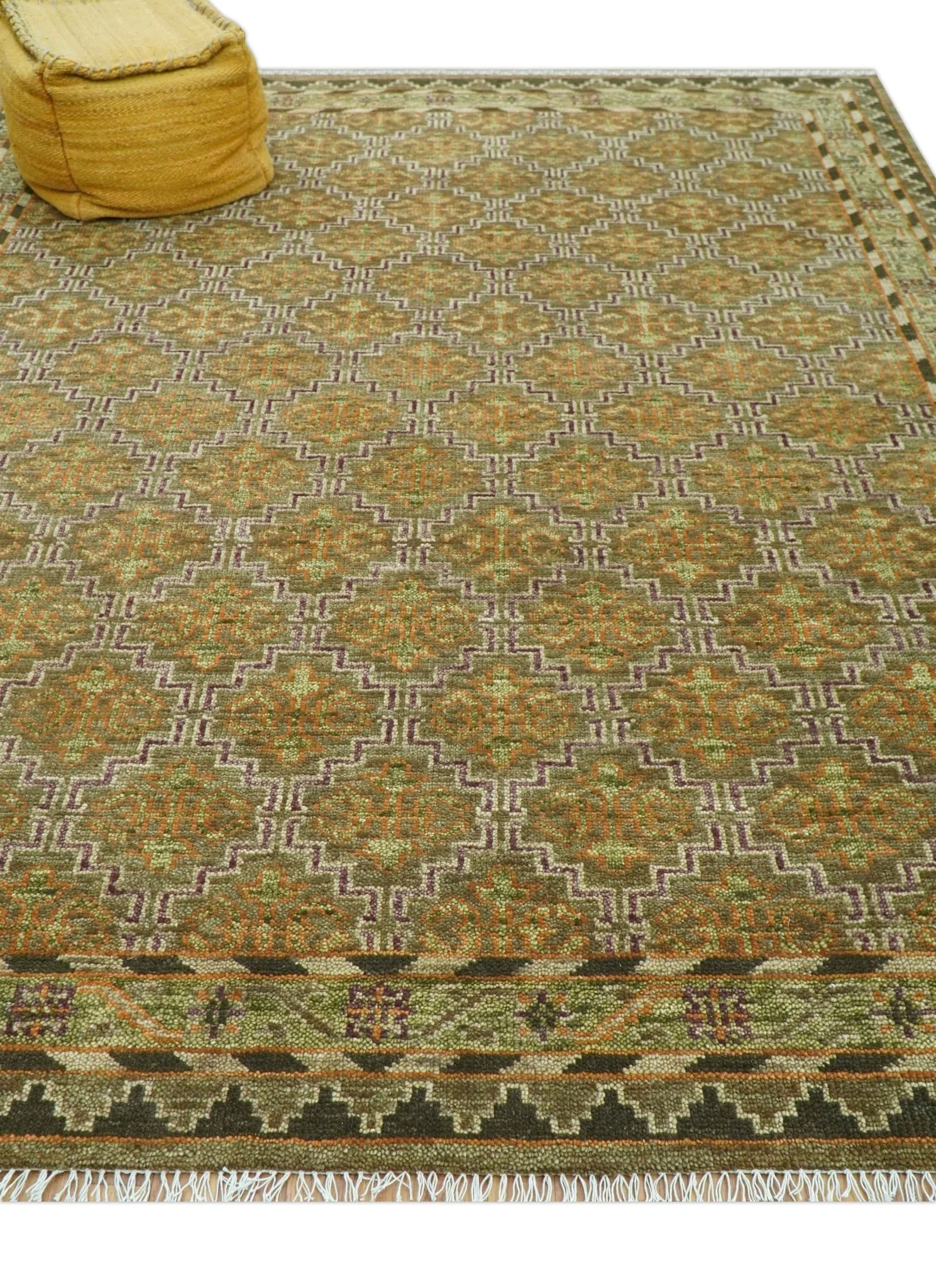 Custom Made Traditional Geometrical Motifs Olive and Rust Hand Knotted wool area rug - Image 8