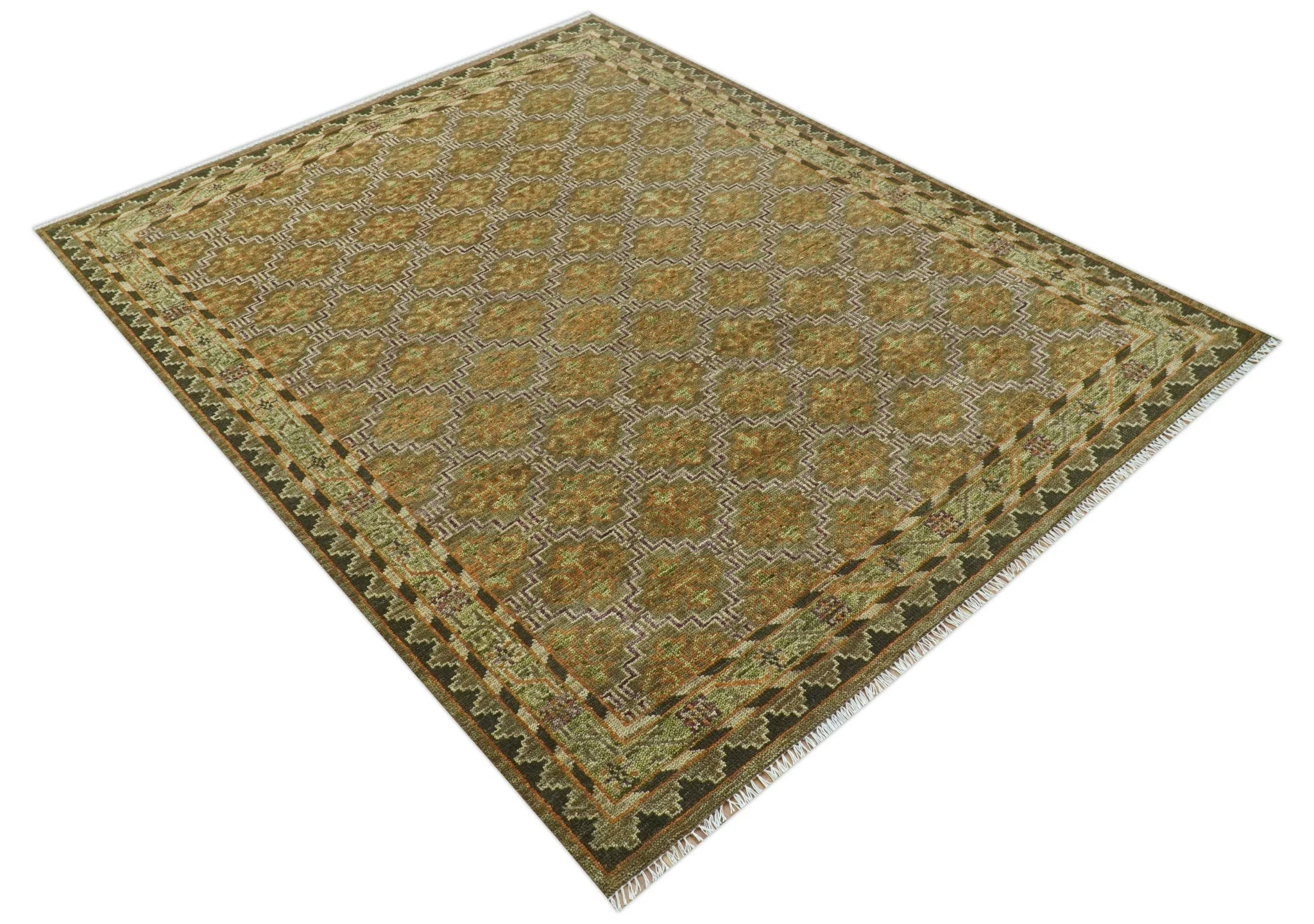 Custom Made Traditional Geometrical Motifs Olive and Rust Hand Knotted wool area rug - Image 9
