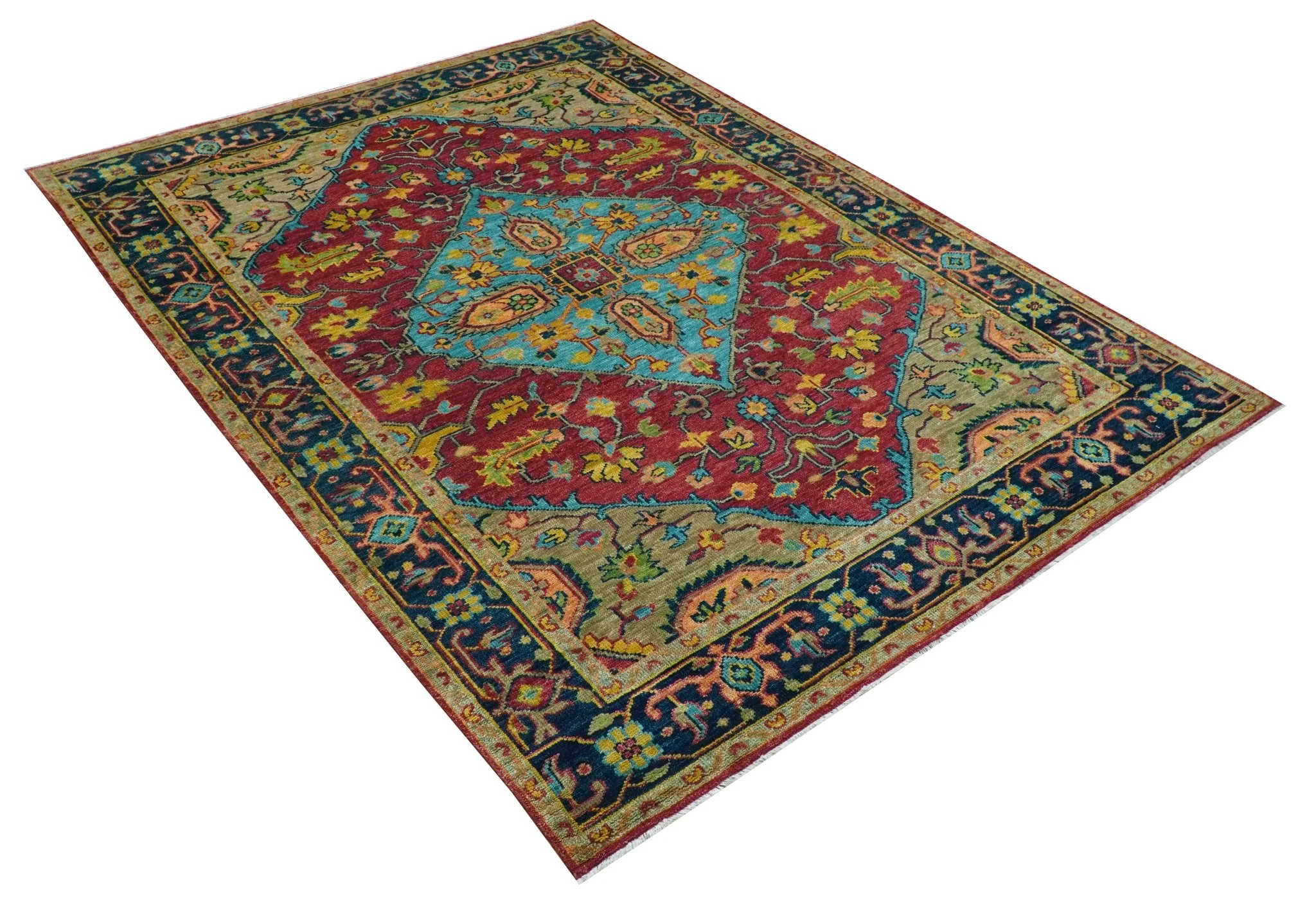 Custom Made Traditional Heriz Design Maroon And Olive Hand Knotted Wool Rug - Image 10