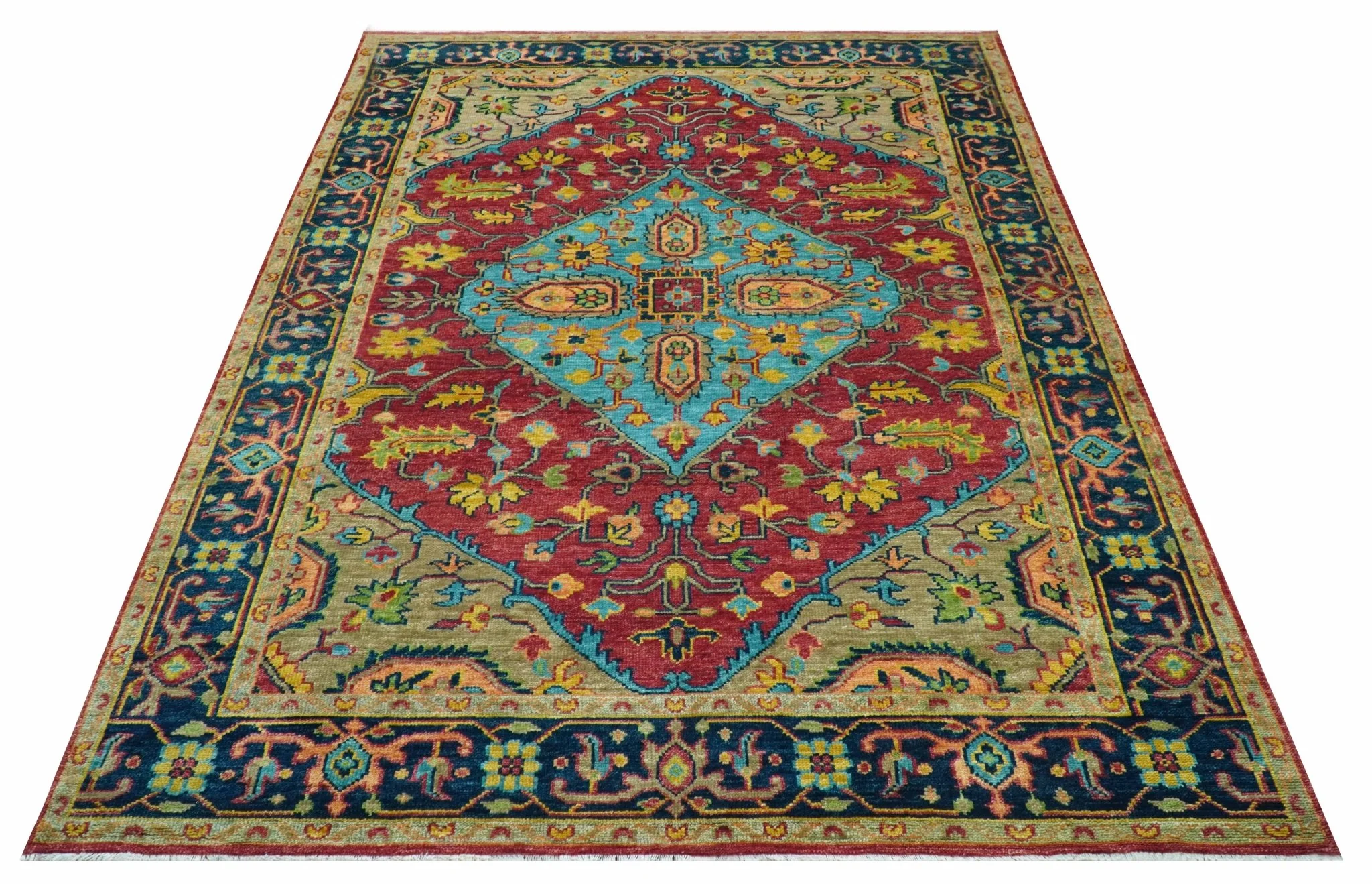 Custom Made Traditional Heriz Design Maroon And Olive Hand Knotted Wool Rug - Image 11