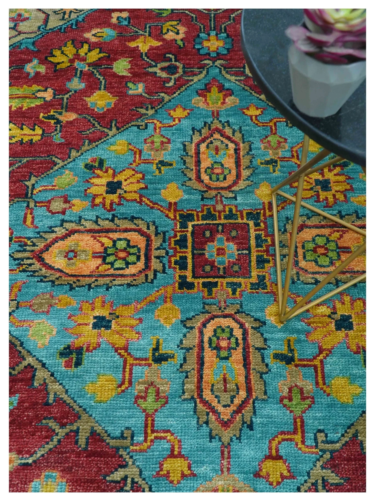 Custom Made Traditional Heriz Design Maroon And Olive Hand Knotted Wool Rug - Image 3
