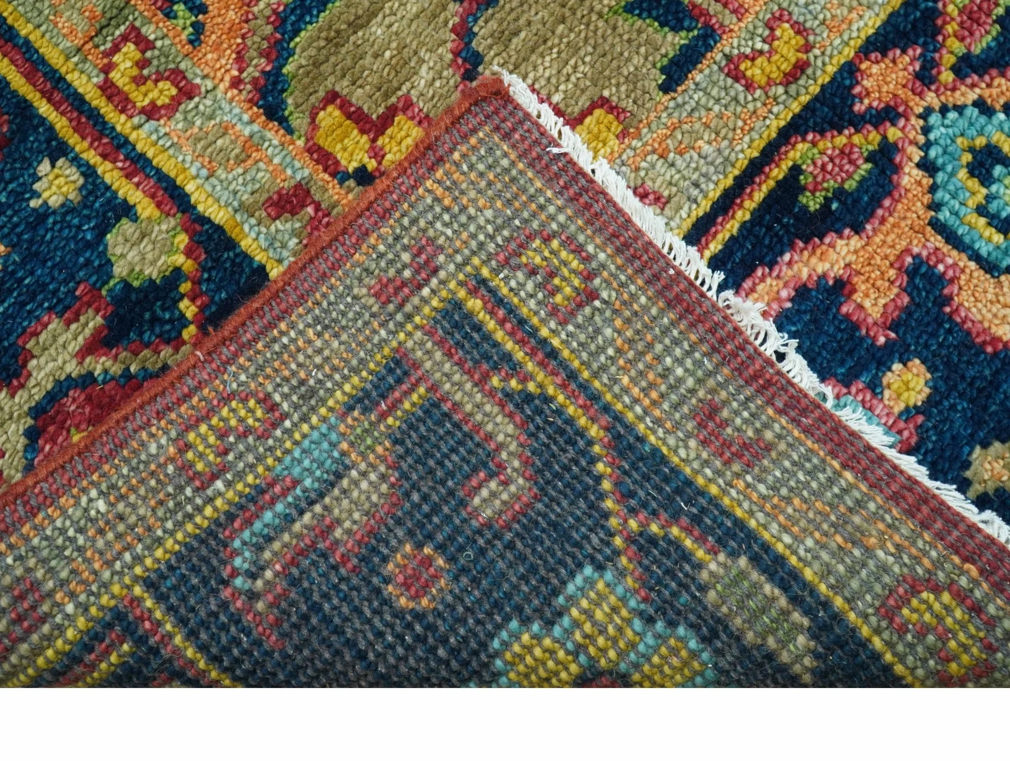 Custom Made Traditional Heriz Design Maroon And Olive Hand Knotted Wool Rug - Image 4