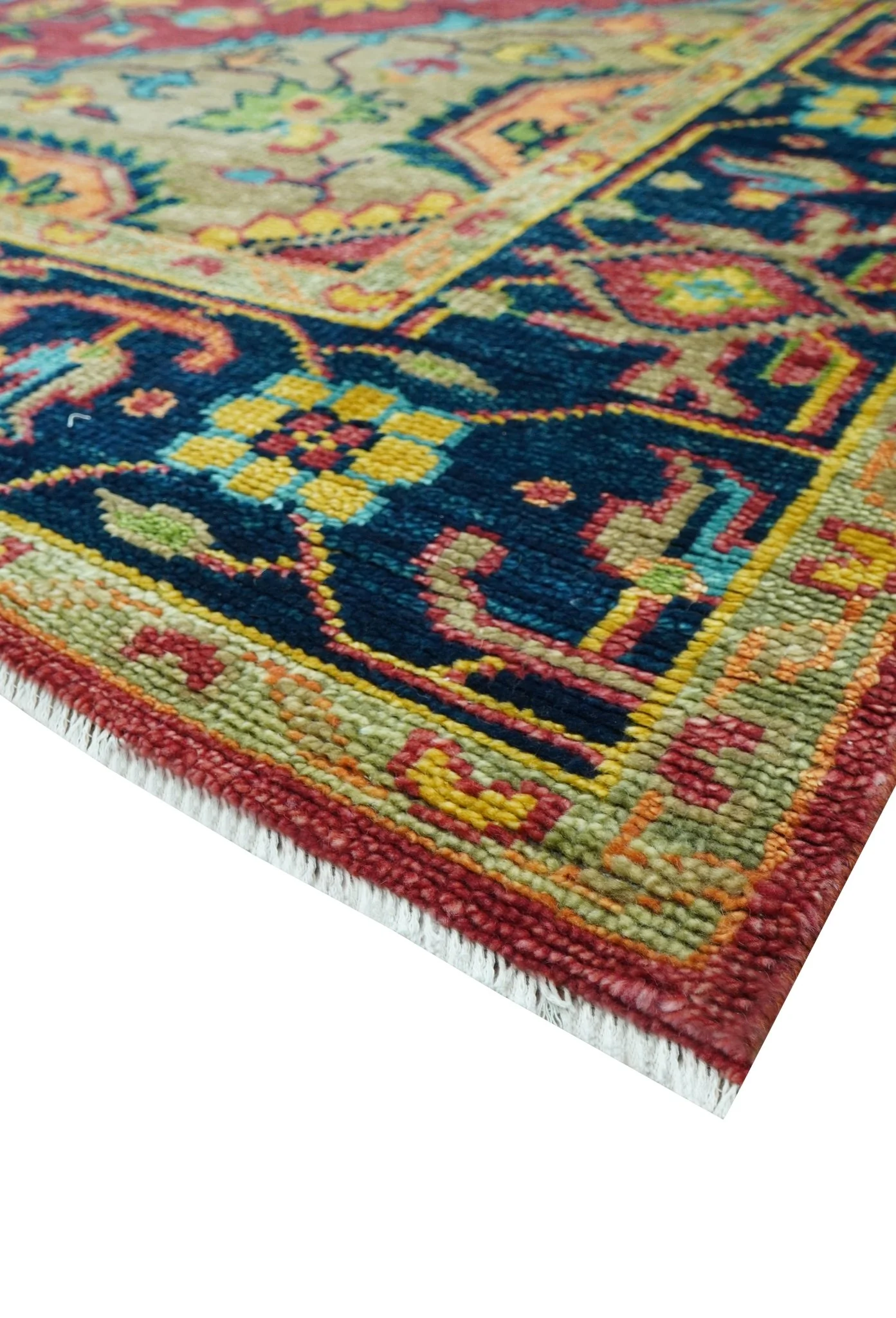 Custom Made Traditional Heriz Design Maroon And Olive Hand Knotted Wool Rug - Image 5