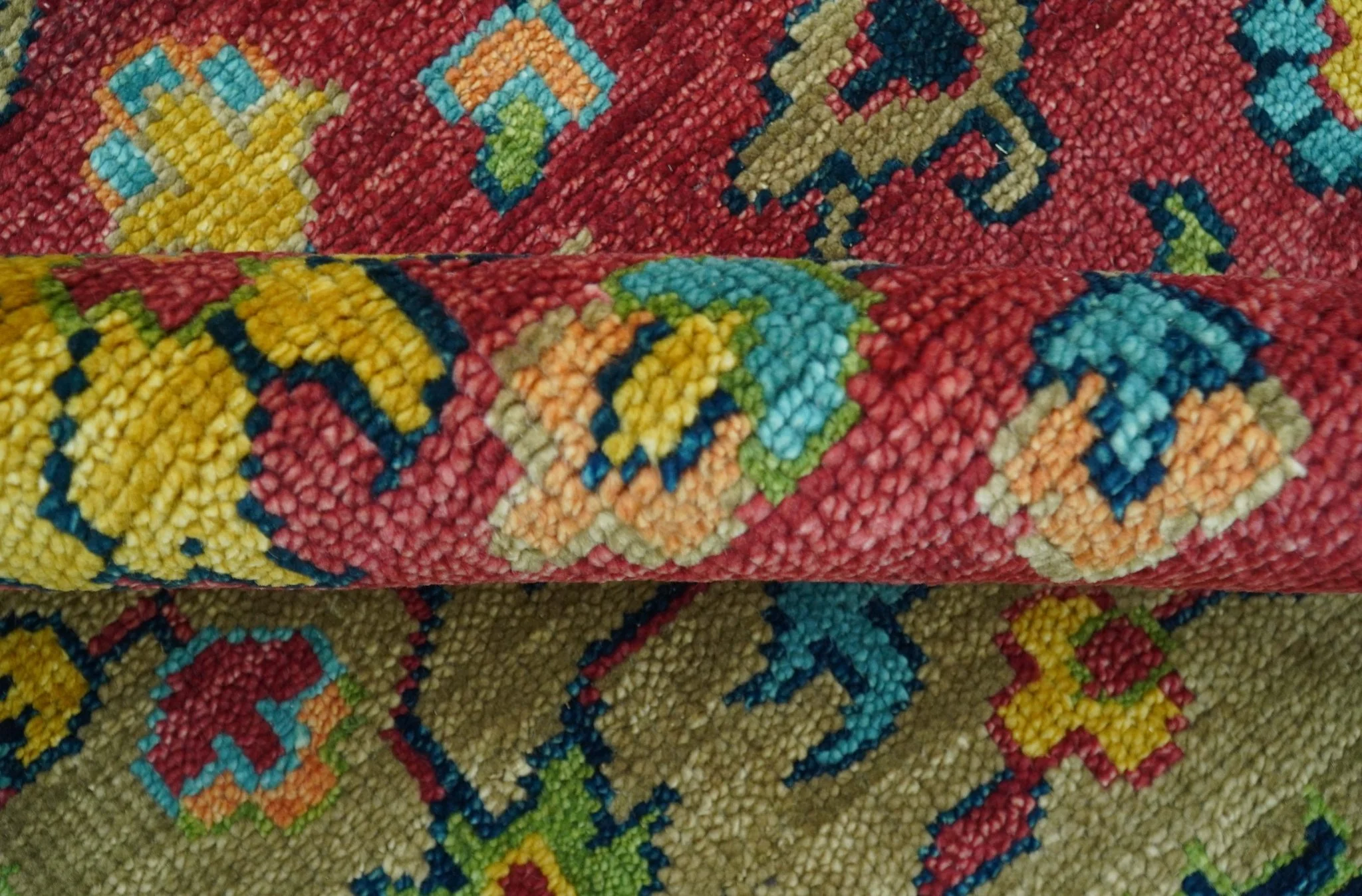 Custom Made Traditional Heriz Design Maroon And Olive Hand Knotted Wool Rug - Image 8