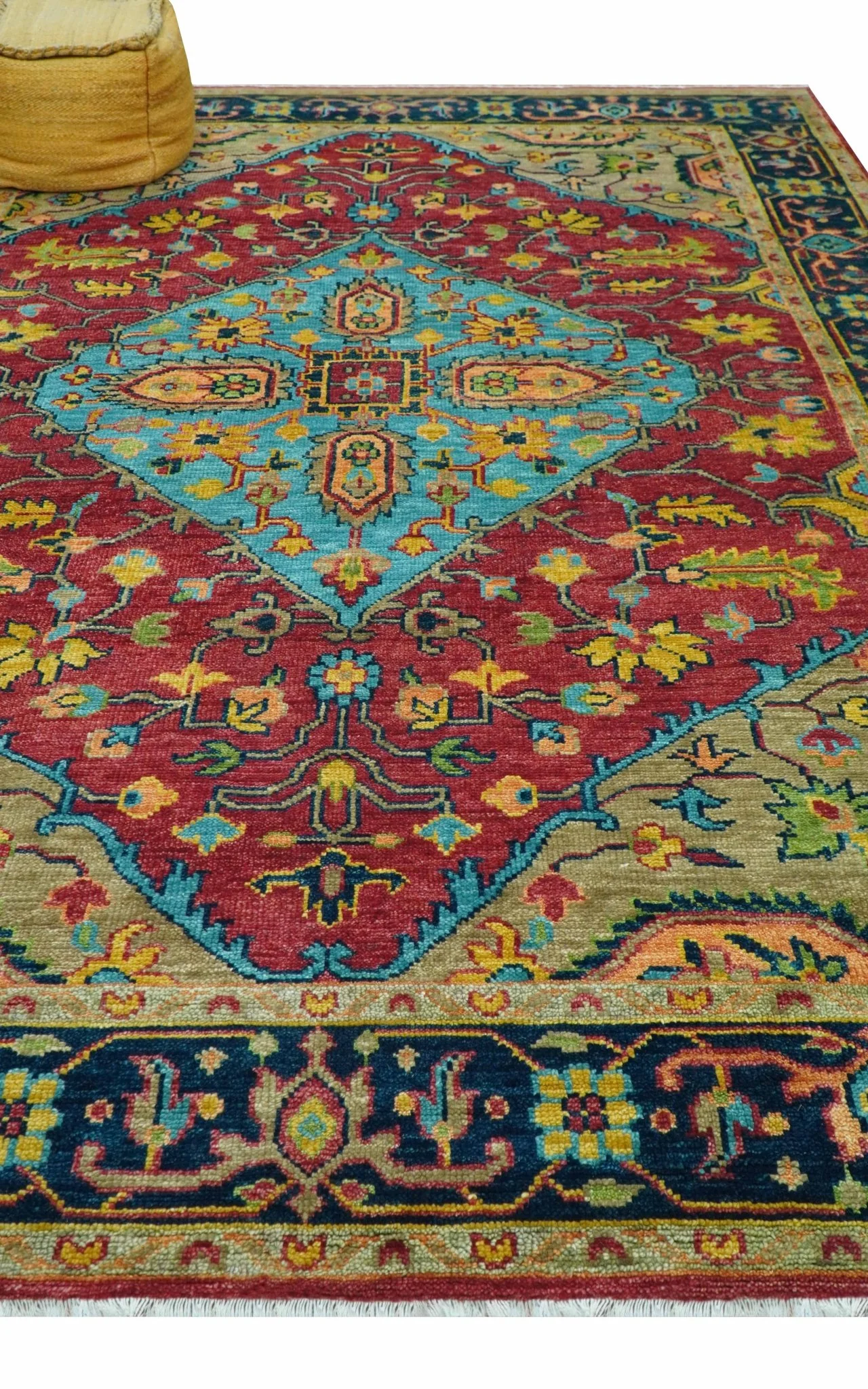 Custom Made Traditional Heriz Design Maroon And Olive Hand Knotted Wool Rug - Image 9