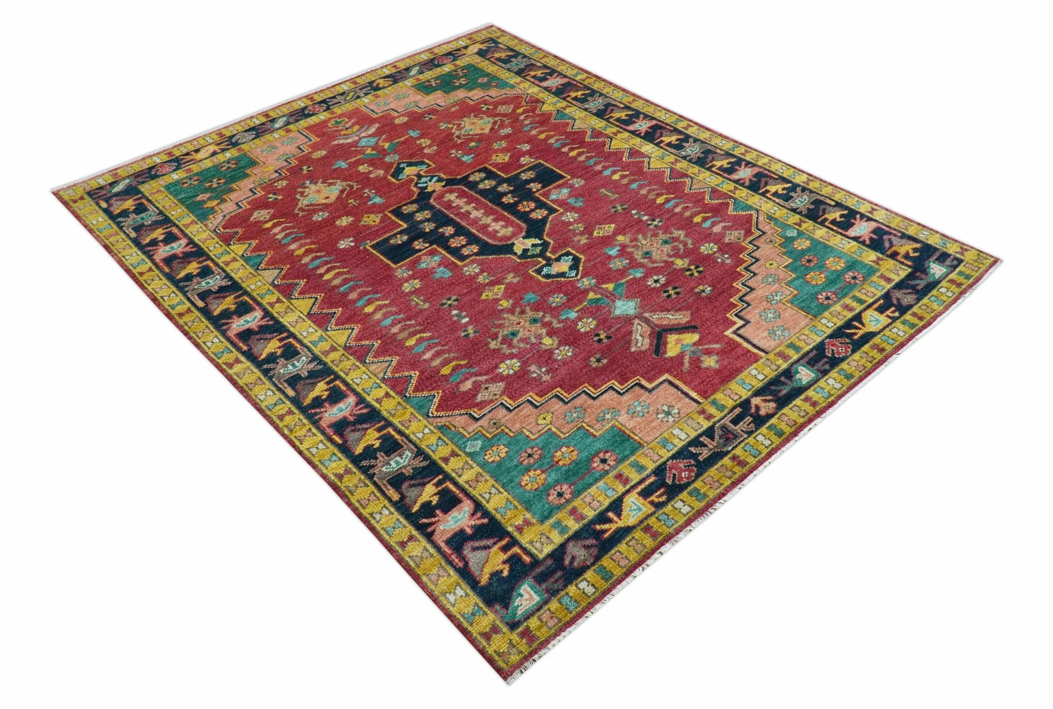 Custom Made Traditional Heriz Design Red And Green Hand Knotted Wool Rug - Image 10