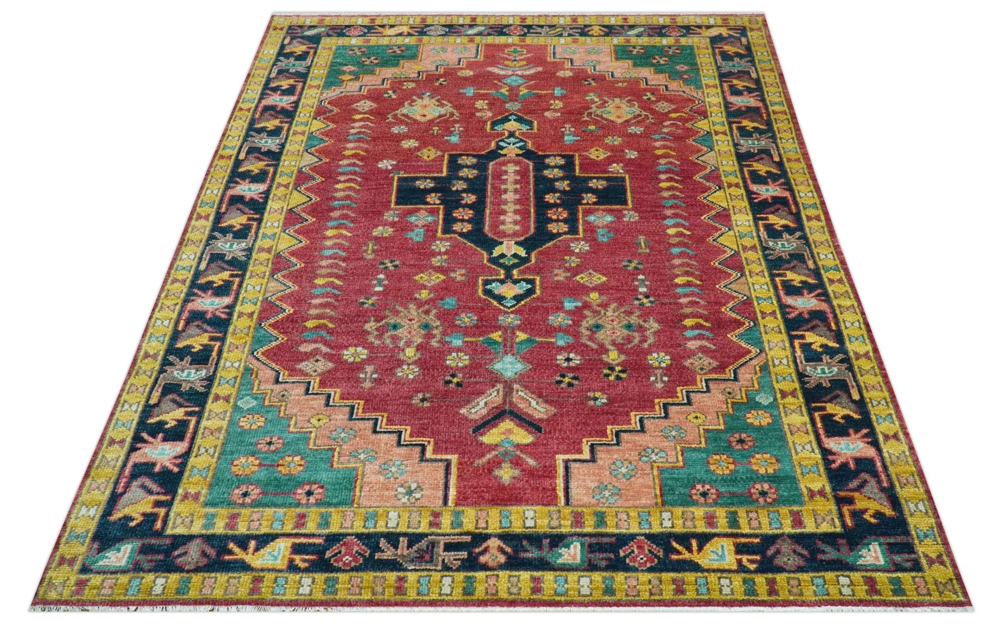 Custom Made Traditional Heriz Design Red And Green Hand Knotted Wool Rug - Image 11