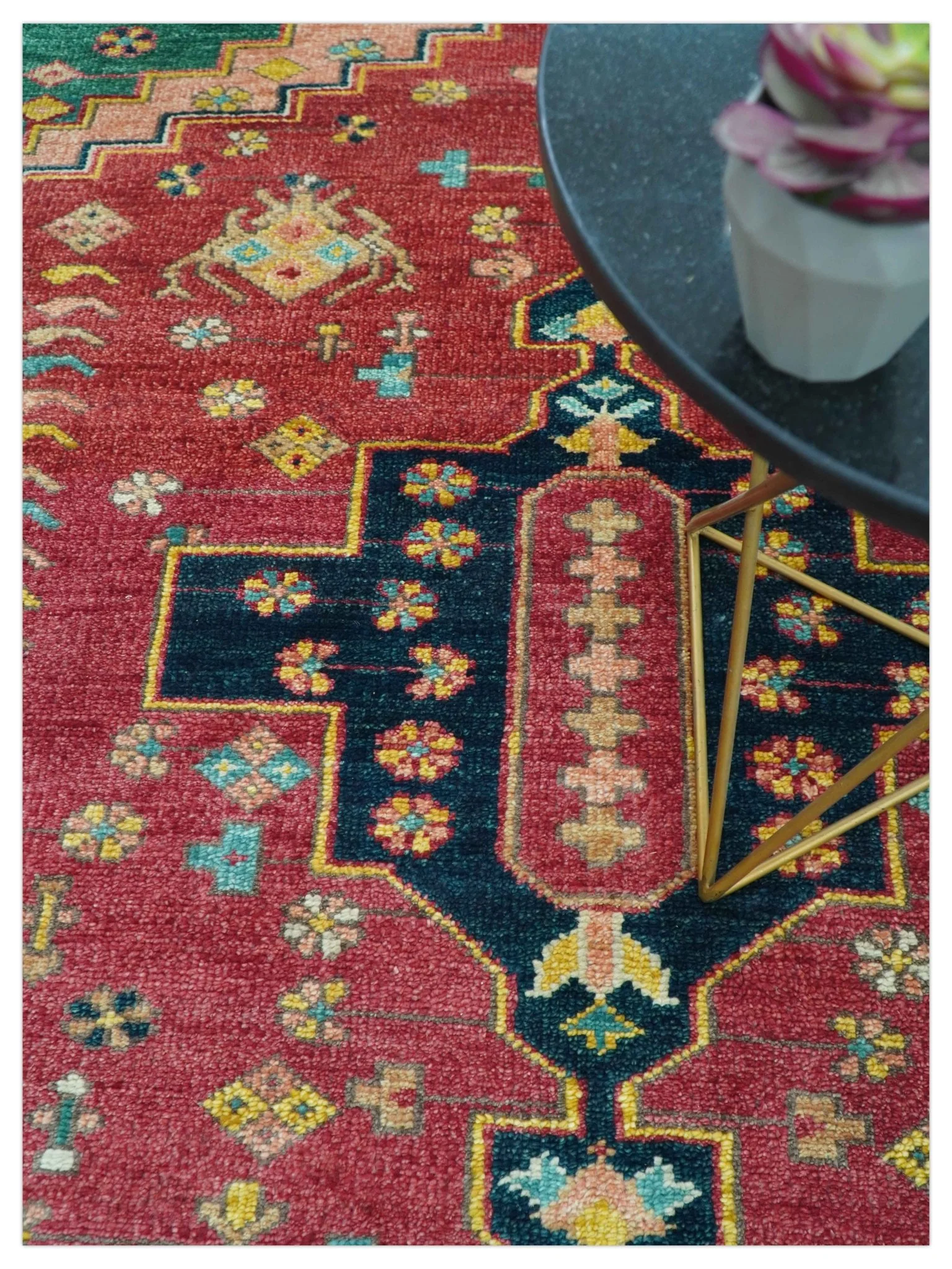 Custom Made Traditional Heriz Design Red And Green Hand Knotted Wool Rug - Image 3