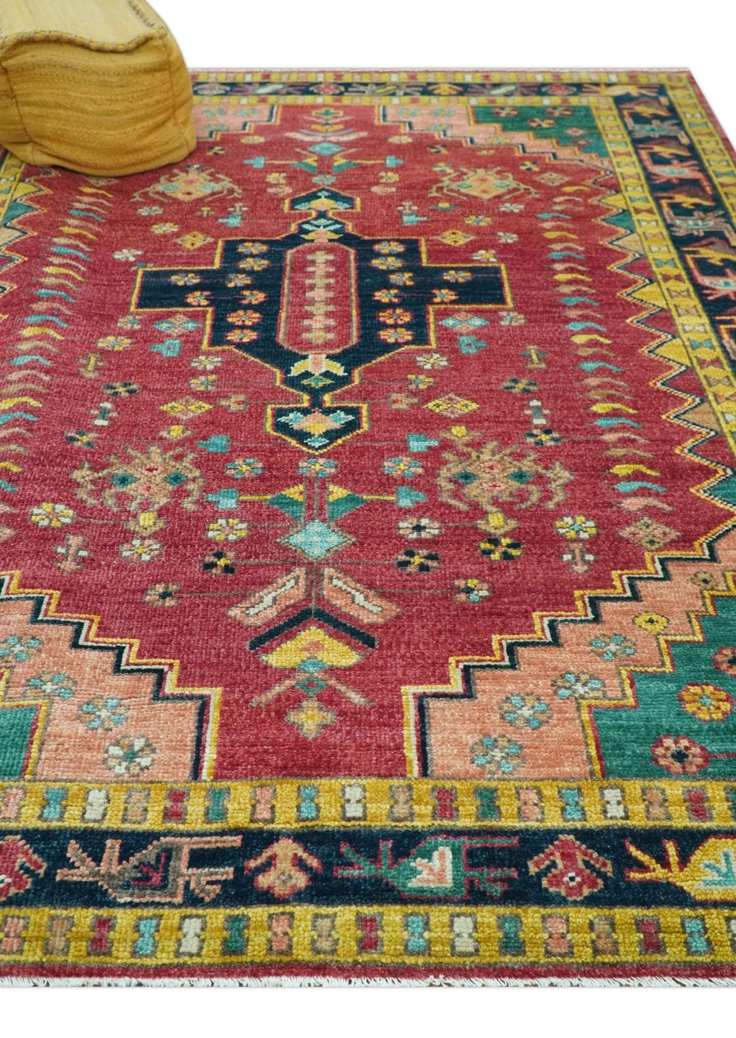 Custom Made Traditional Heriz Design Red And Green Hand Knotted Wool Rug - Image 7