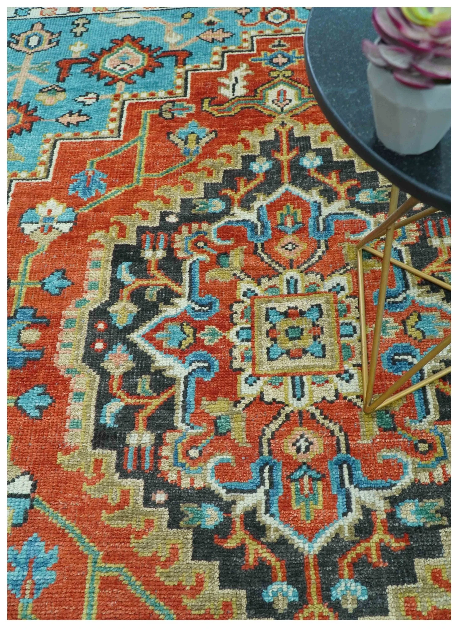 Custom Made Traditional Heriz Design Rust And Blue Hand Knotted Wool Rug - Image 3