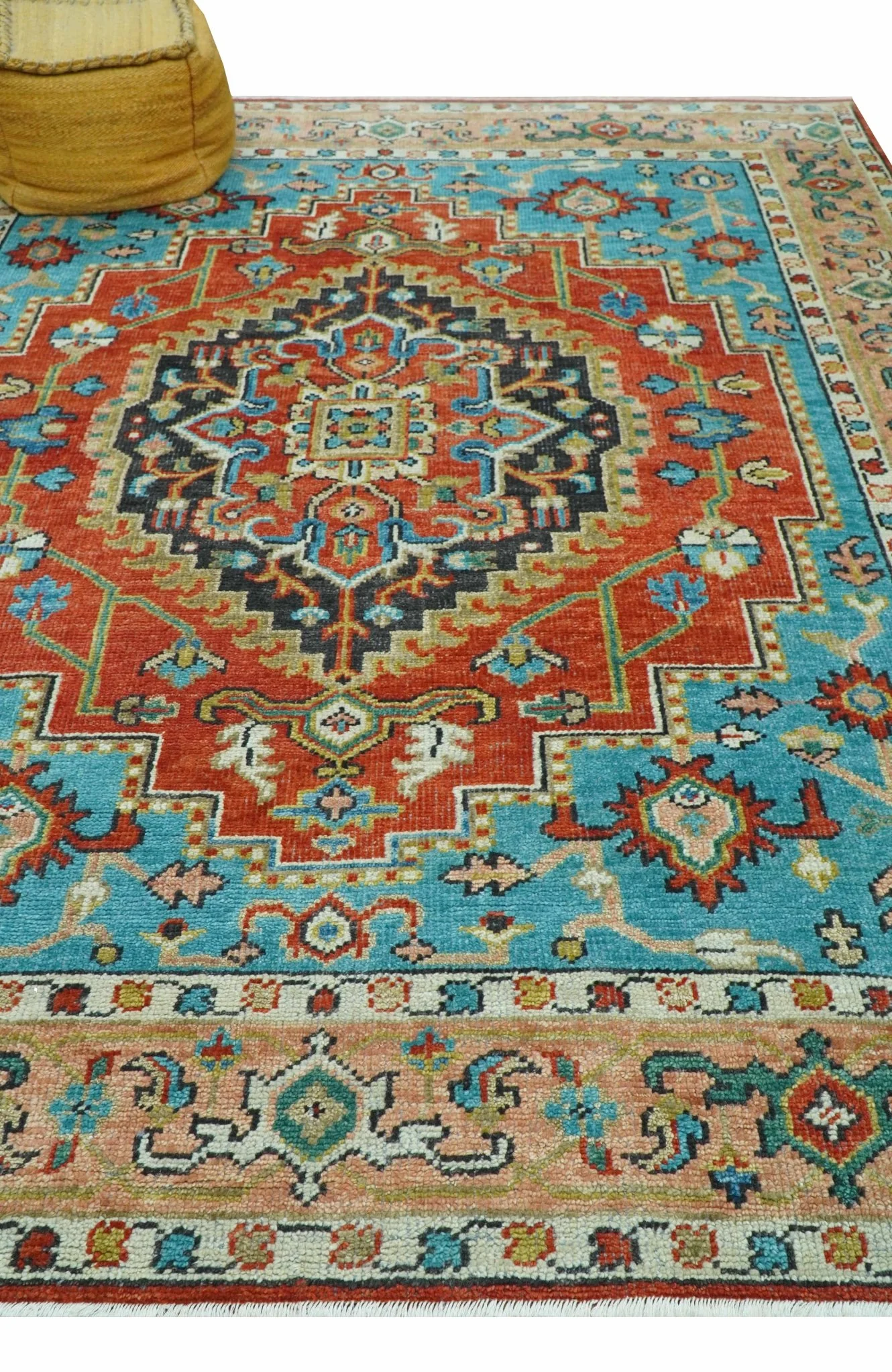 Custom Made Traditional Heriz Design Rust And Blue Hand Knotted Wool Rug - Image 4
