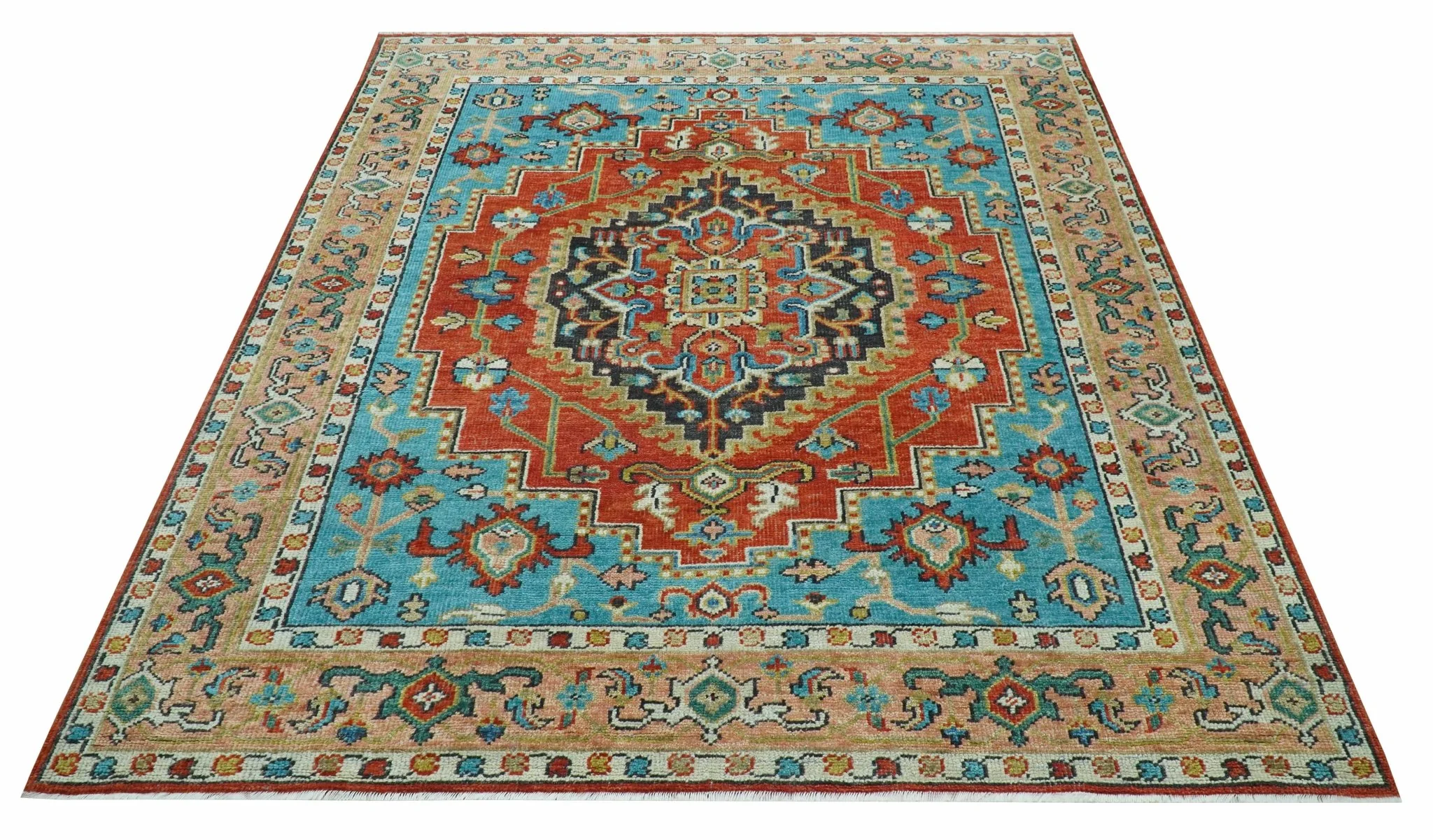 Custom Made Traditional Heriz Design Rust And Blue Hand Knotted Wool Rug - Image 5