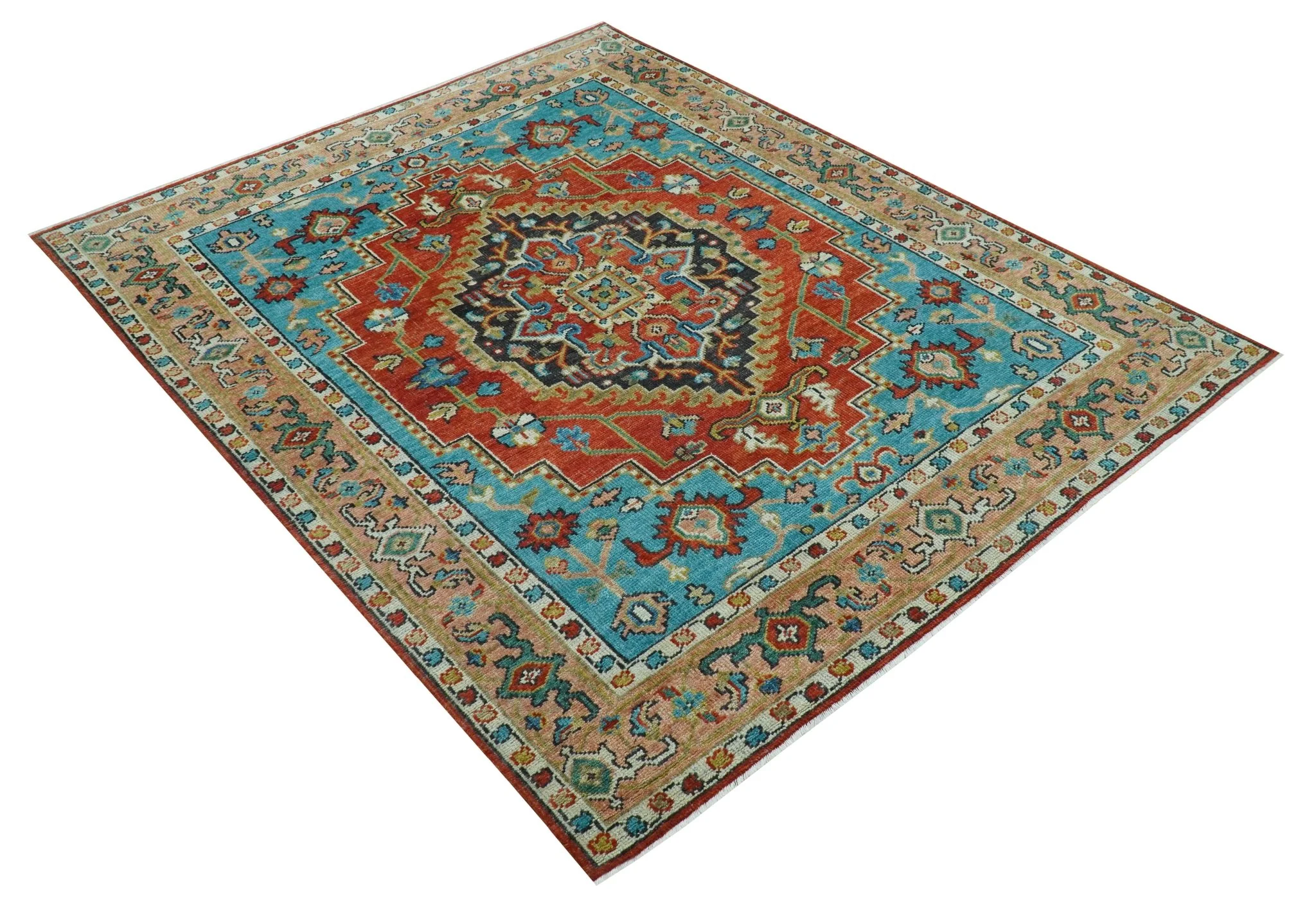 Custom Made Traditional Heriz Design Rust And Blue Hand Knotted Wool Rug - Image 6