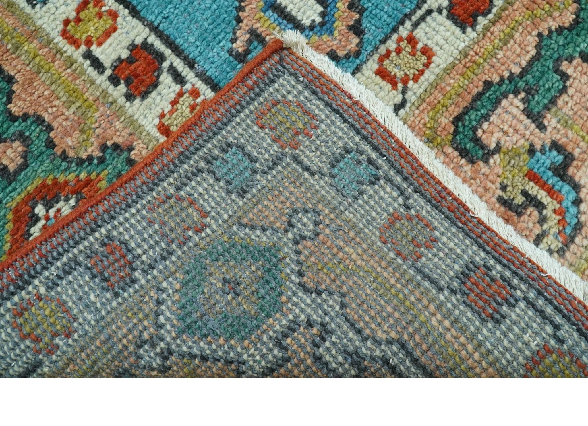 Custom Made Traditional Heriz Design Rust And Blue Hand Knotted Wool Rug - Image 7