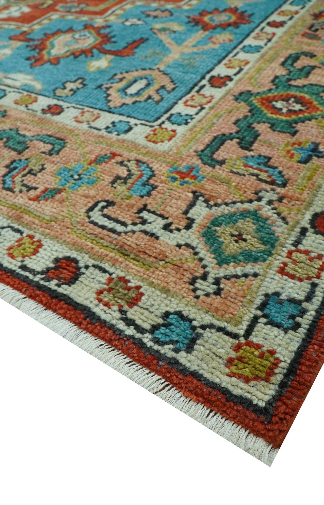 Custom Made Traditional Heriz Design Rust And Blue Hand Knotted Wool Rug - Image 8