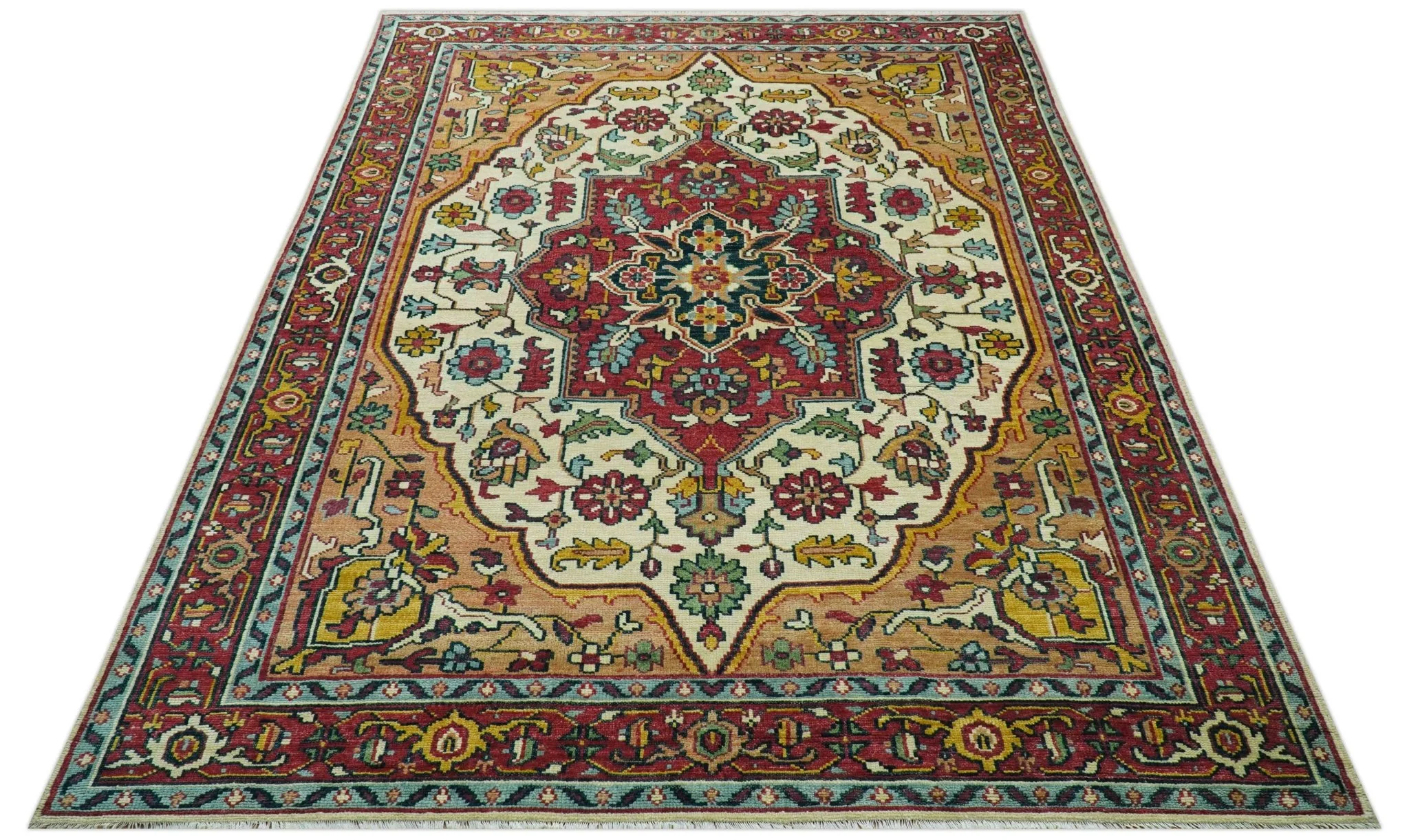 Custom Made Traditional Heriz Design Rust And Ivory Hand Knotted Wool Rug - Image 11