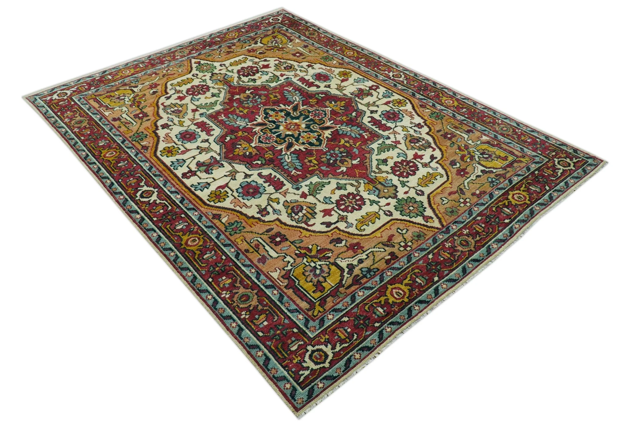 Custom Made Traditional Heriz Design Rust And Ivory Hand Knotted Wool Rug - Image 4