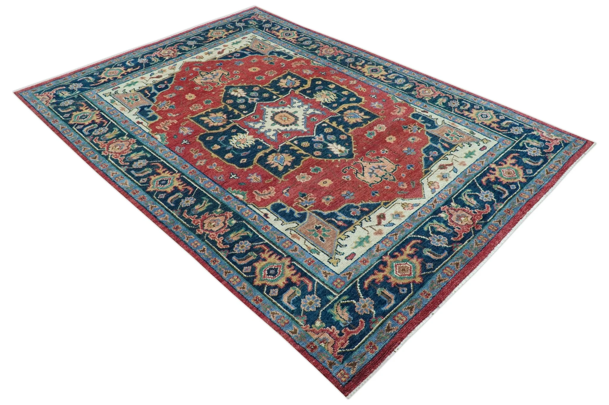 Custom Made Traditional Heriz Red And Blue Hand Knotted Wool Rug - Image 10