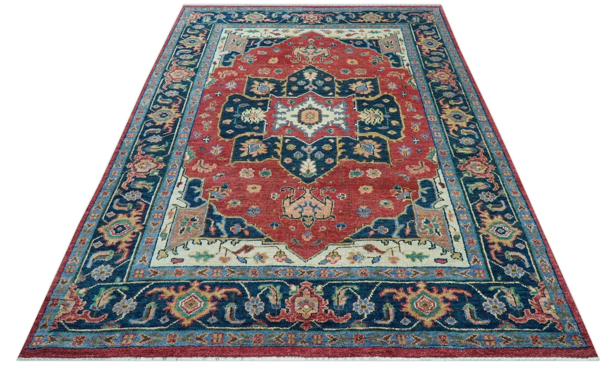 Custom Made Traditional Heriz Red And Blue Hand Knotted Wool Rug - Image 11