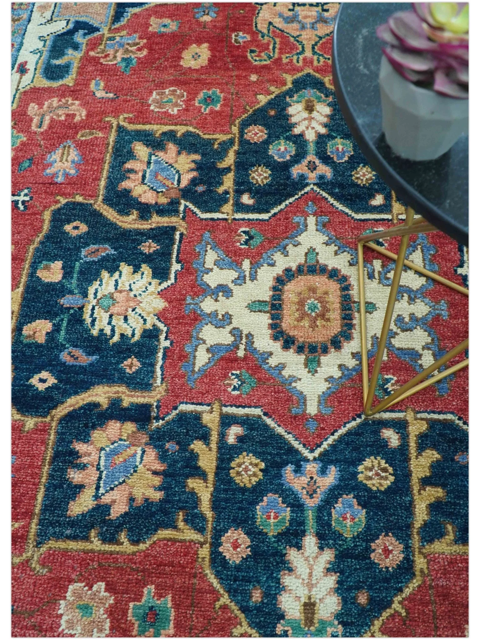 Custom Made Traditional Heriz Red And Blue Hand Knotted Wool Rug - Image 3