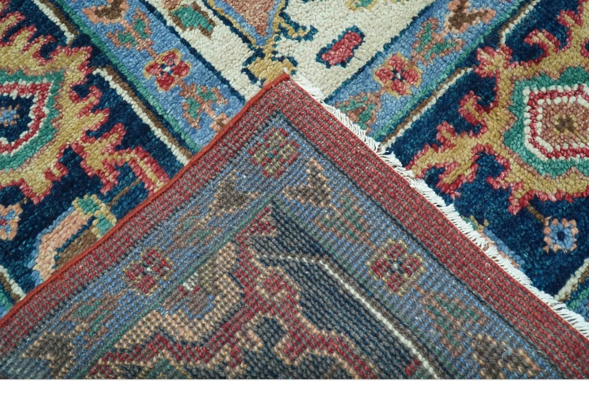 Custom Made Traditional Heriz Red And Blue Hand Knotted Wool Rug - Image 4