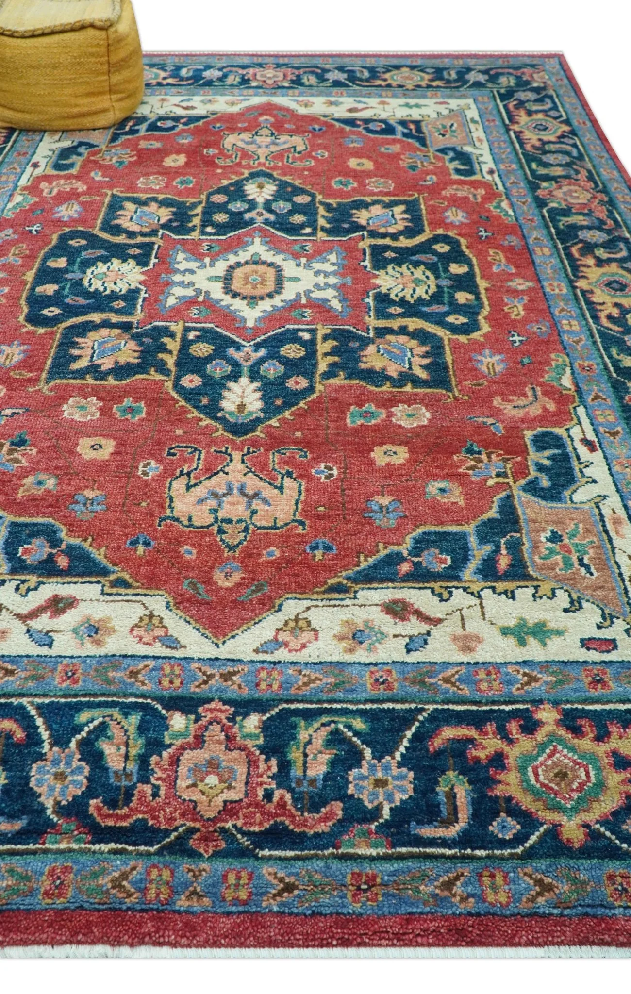 Custom Made Traditional Heriz Red And Blue Hand Knotted Wool Rug - Image 7